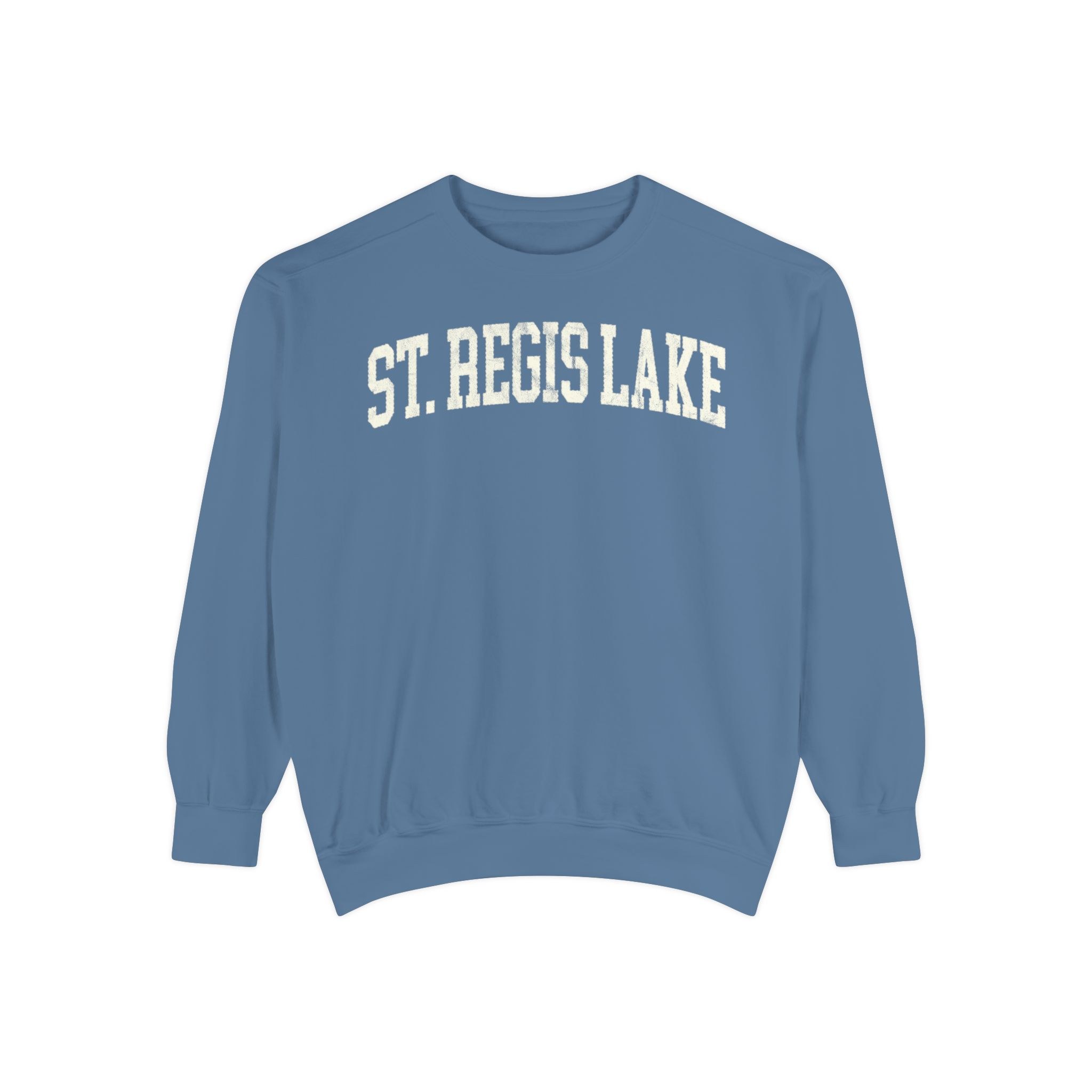 St. Regis Lake Garment-Dyed Crewneck in Samantha Blue, front — ST. REGIS LAKE lettering