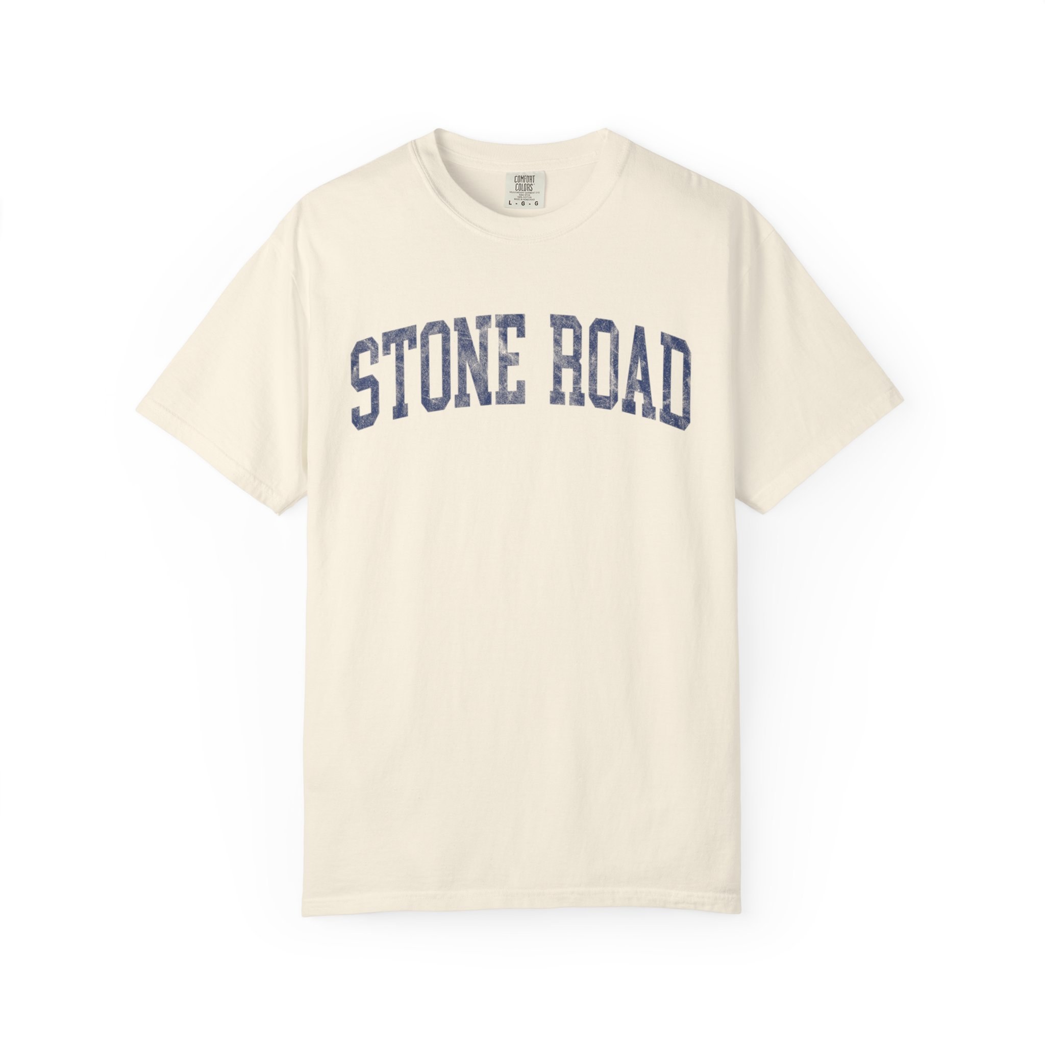 Stone Road Garment-Dyed Tee in Crème Fraîche, front — STONE ROAD lettering