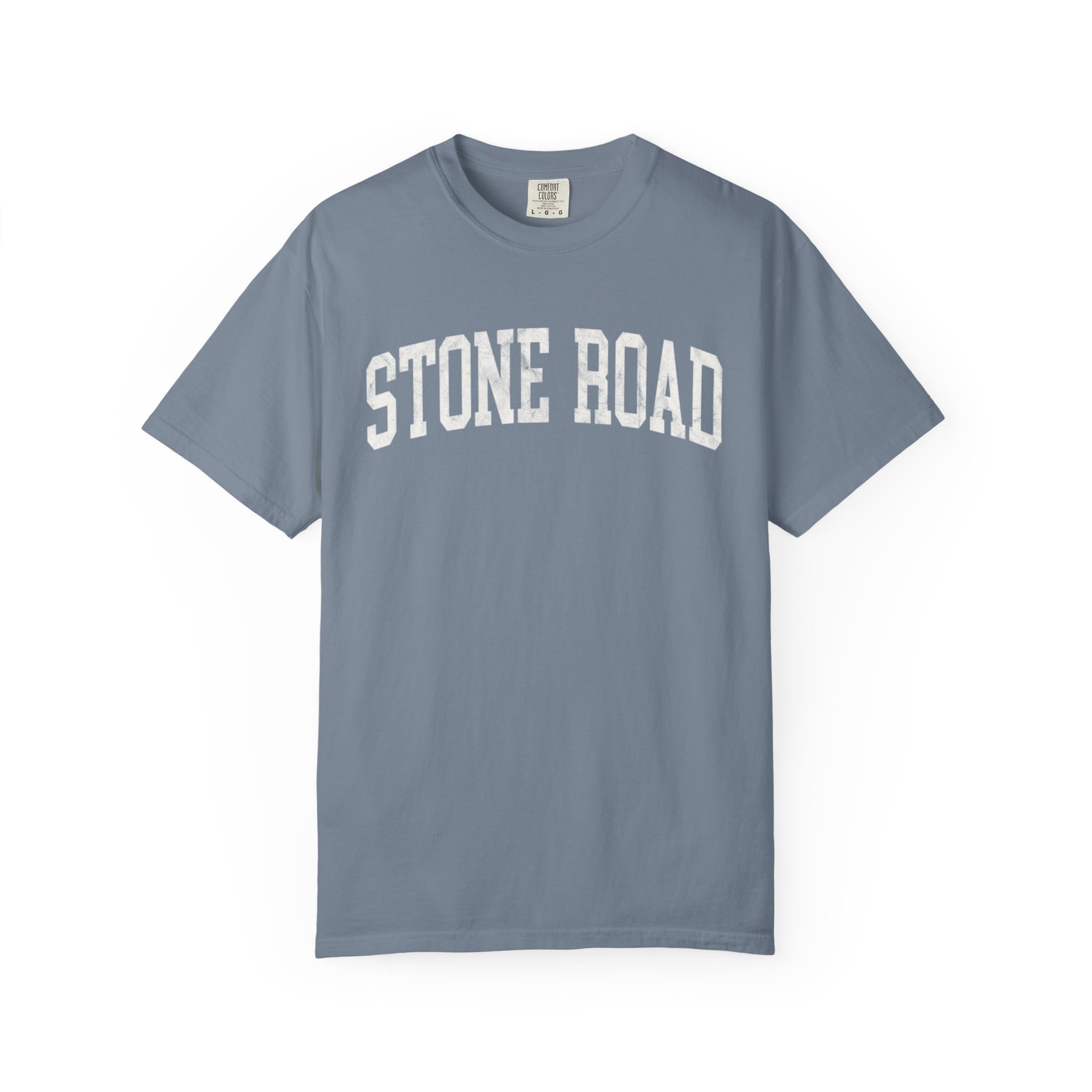 Stone Road Garment-Dyed Tee in Samantha Blue, front — STONE ROAD lettering