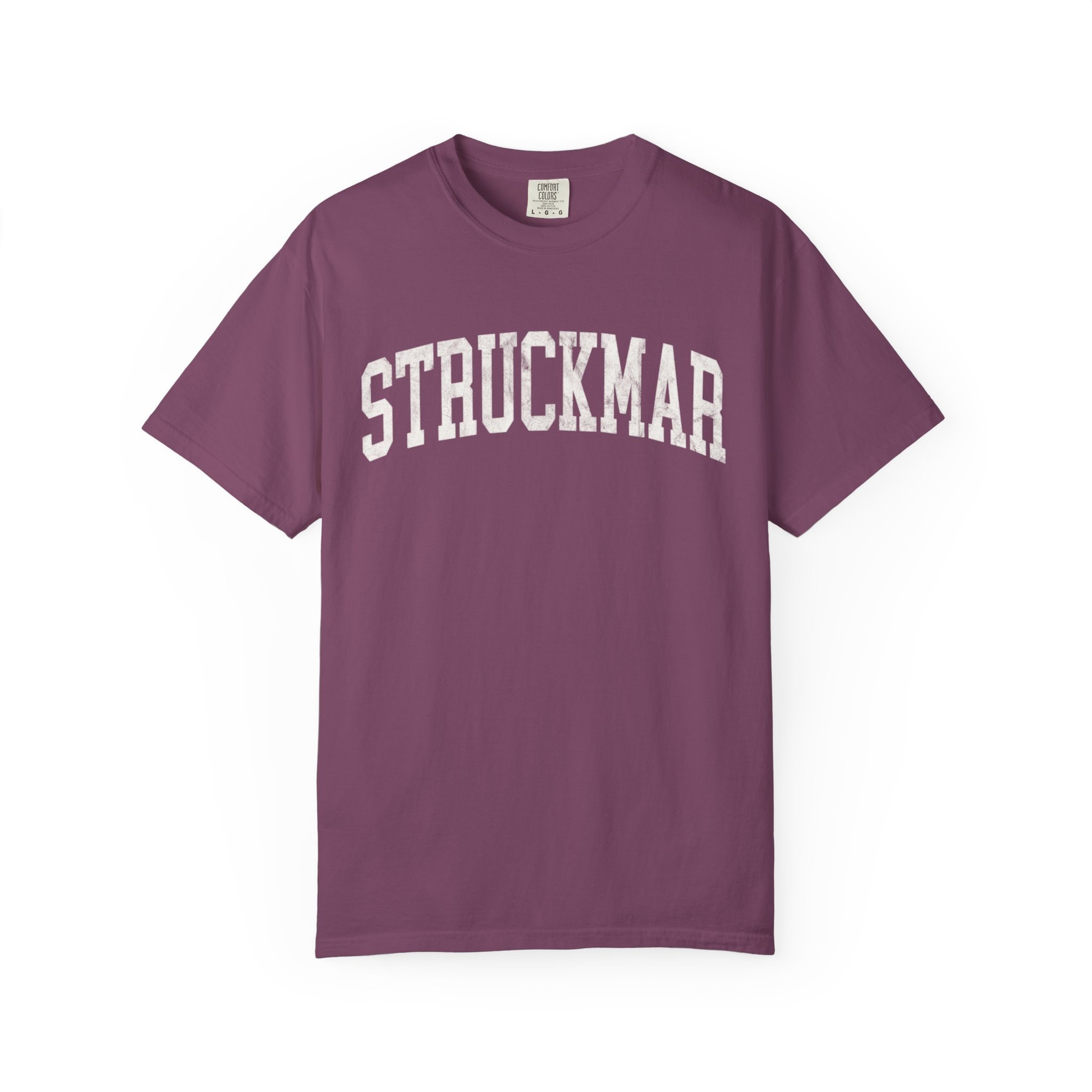 Struckmar Garment-Dyed Tee in Açai Berry, front — STRUCKMAR lettering