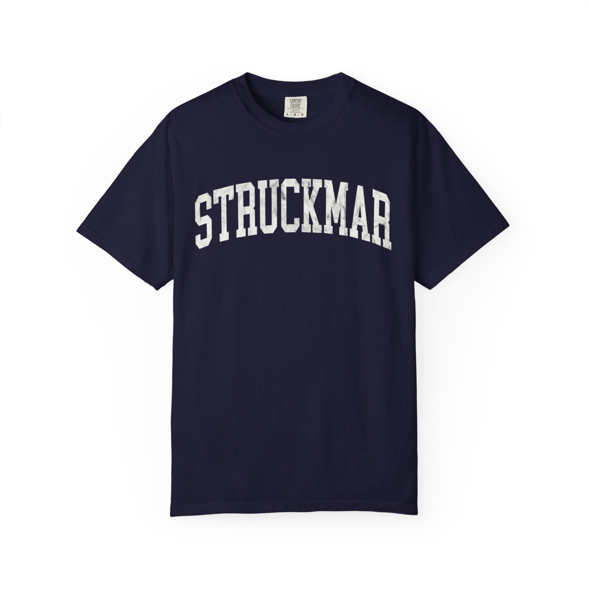 Struckmar Garment-Dyed Tee in Boathouse Blue, front — STRUCKMAR lettering