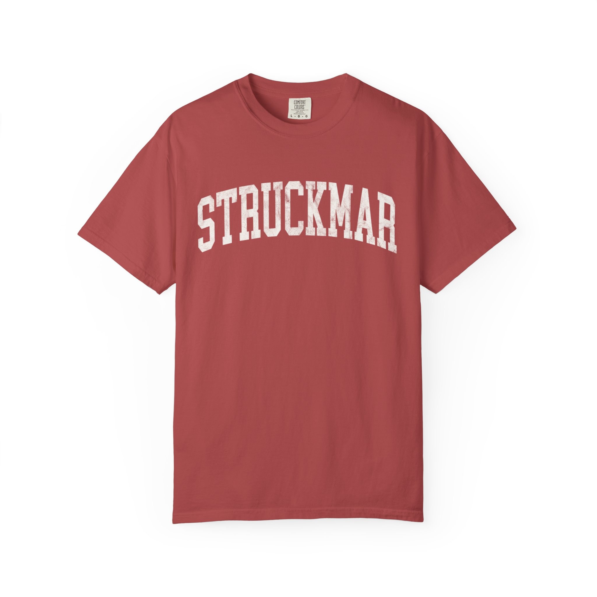 Struckmar Garment-Dyed Tee in Collegiate Crimson, front — STRUCKMAR lettering