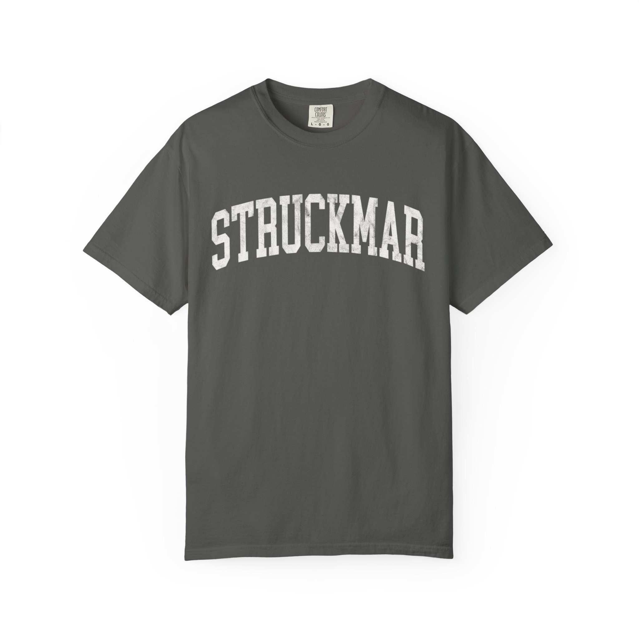 Struckmar Garment-Dyed Tee in Concrete, front — STRUCKMAR lettering