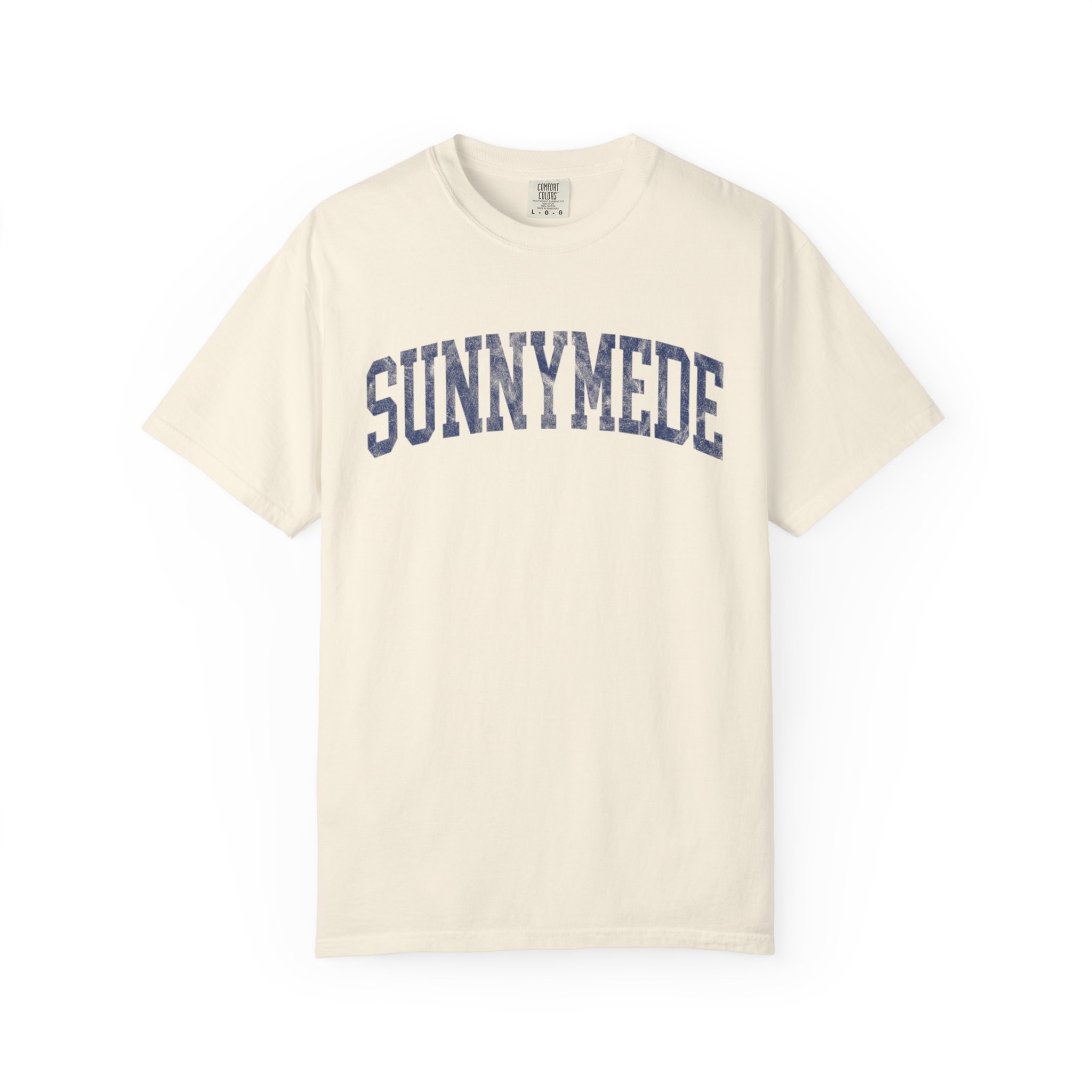 Sunnymede Garment-Dyed Tee in Crème Fraîche, front — SUNNYMEDE lettering