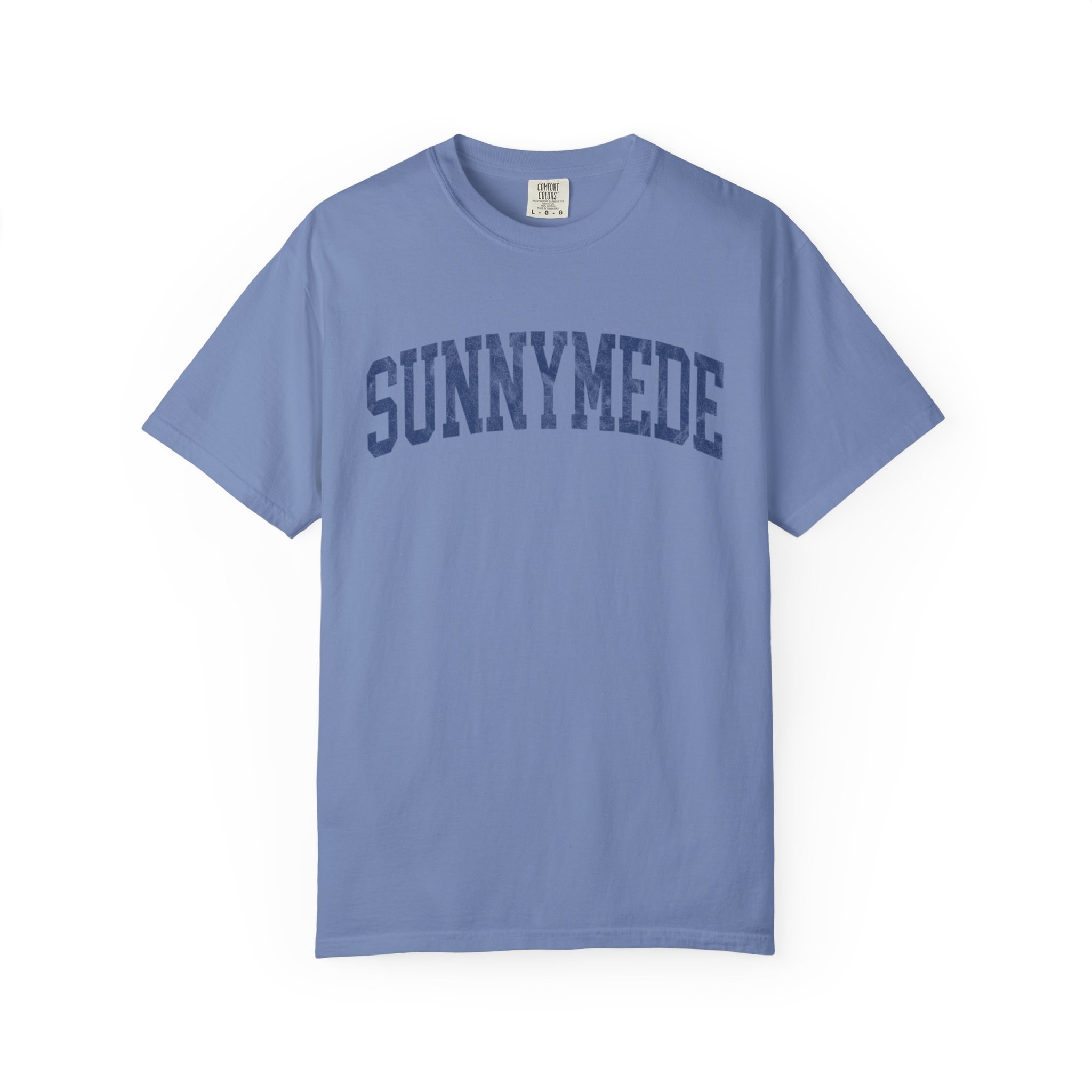 Sunnymede Garment-Dyed Tee in Faded Predawn, front — SUNNYMEDE lettering