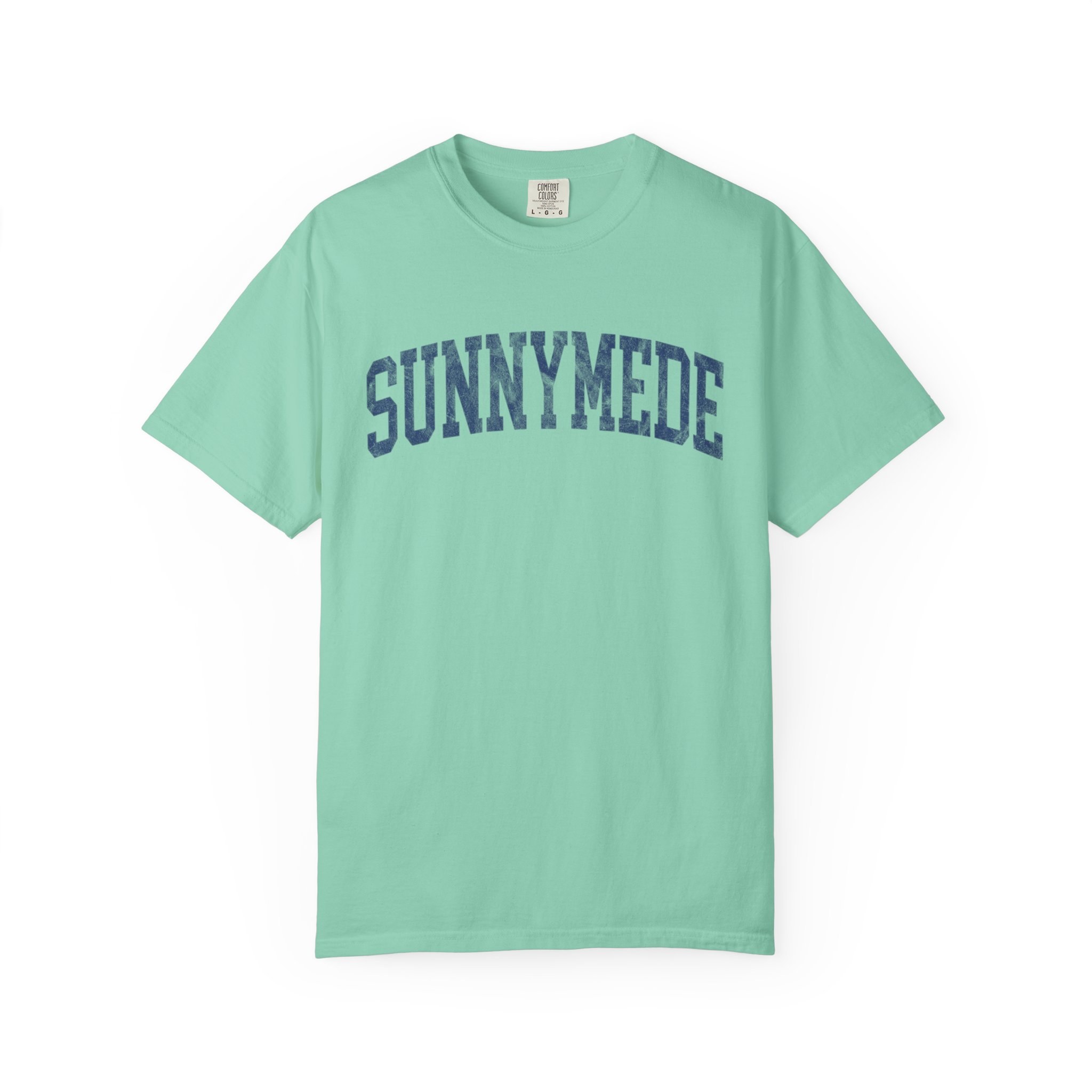 Sunnymede Garment-Dyed Tee in Teal Good Inc, front — SUNNYMEDE lettering