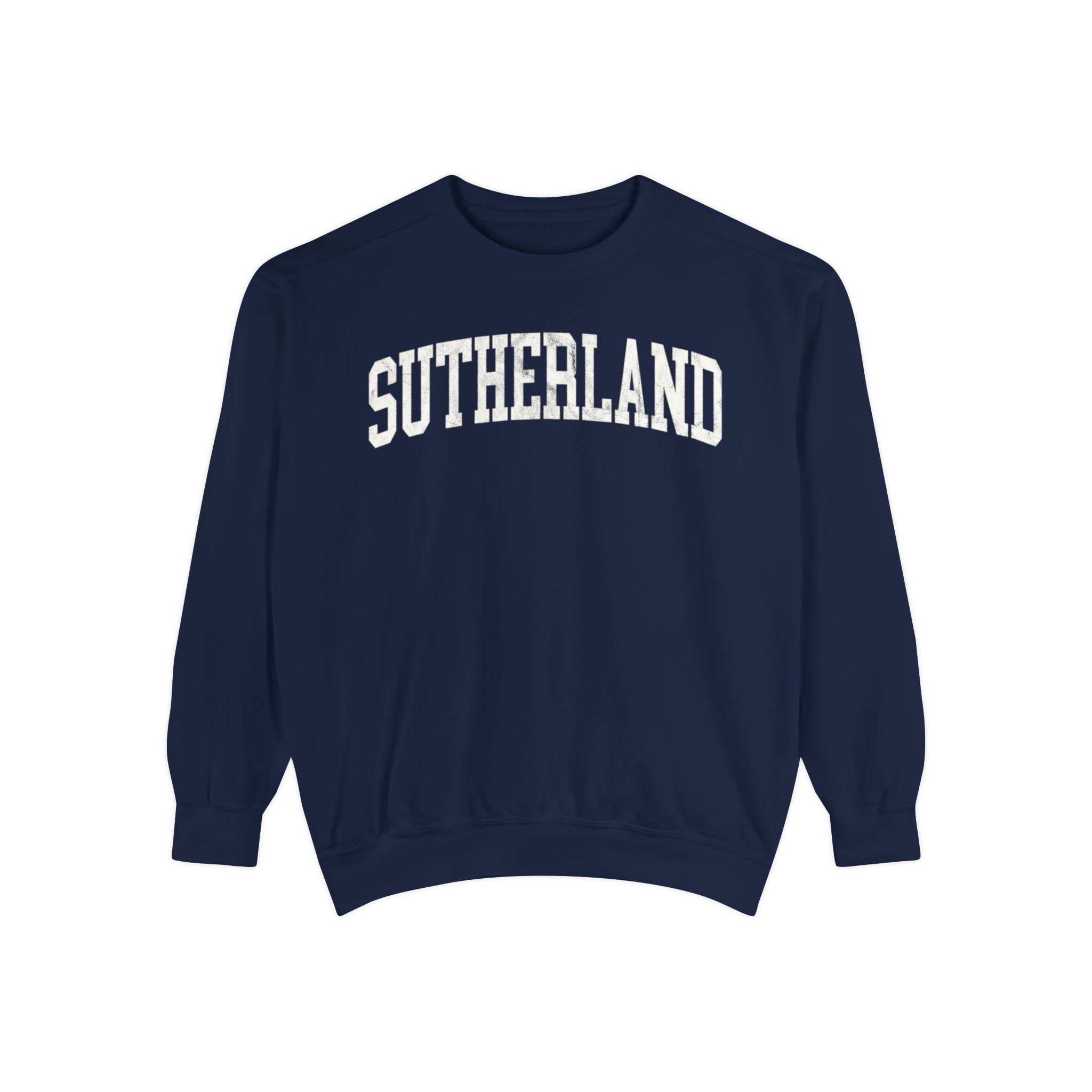 Sutherland Garment-Dyed Crewneck in Boathouse Blue, front — SUTHERLAND lettering