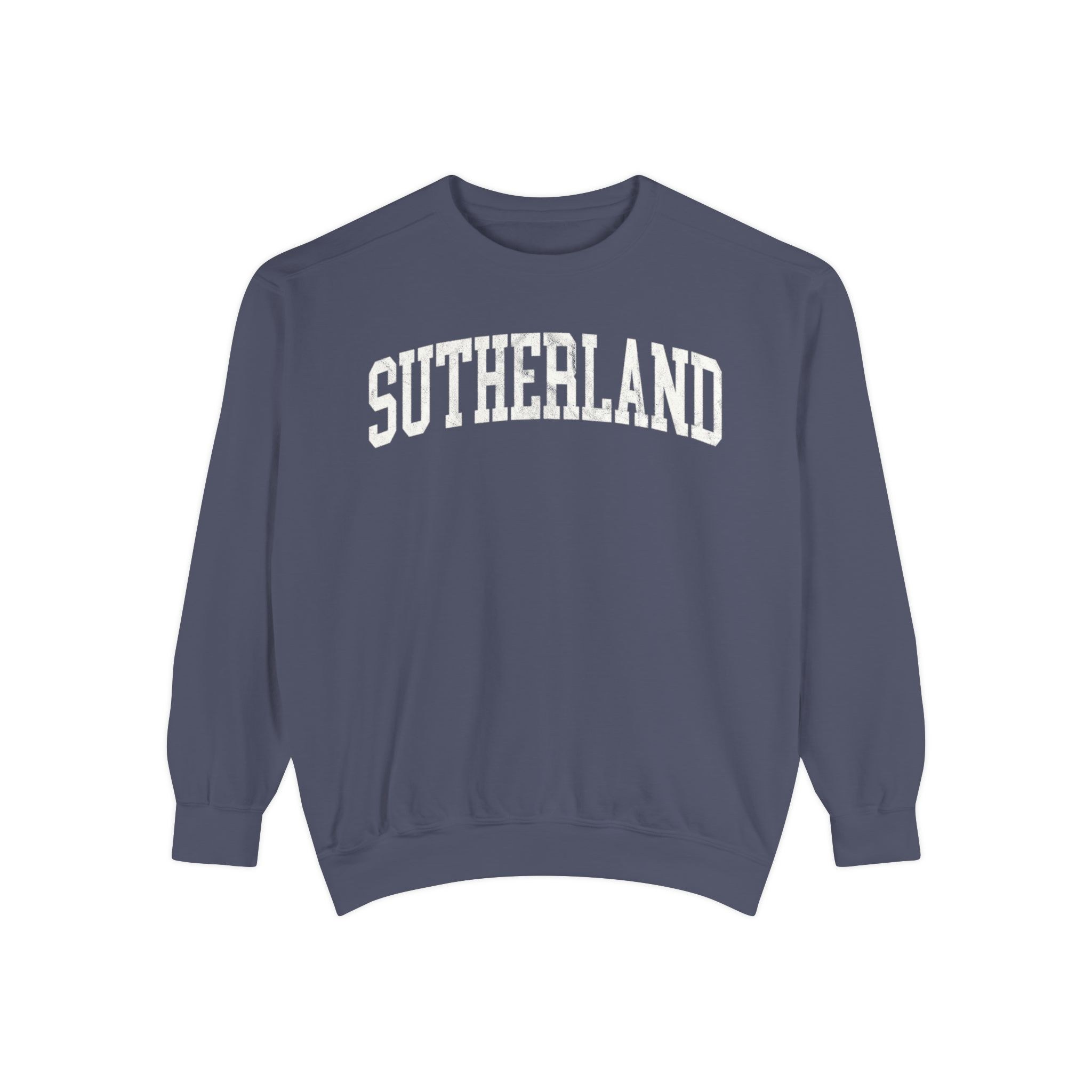 Sutherland Garment-Dyed Crewneck in Predawn, front — SUTHERLAND lettering