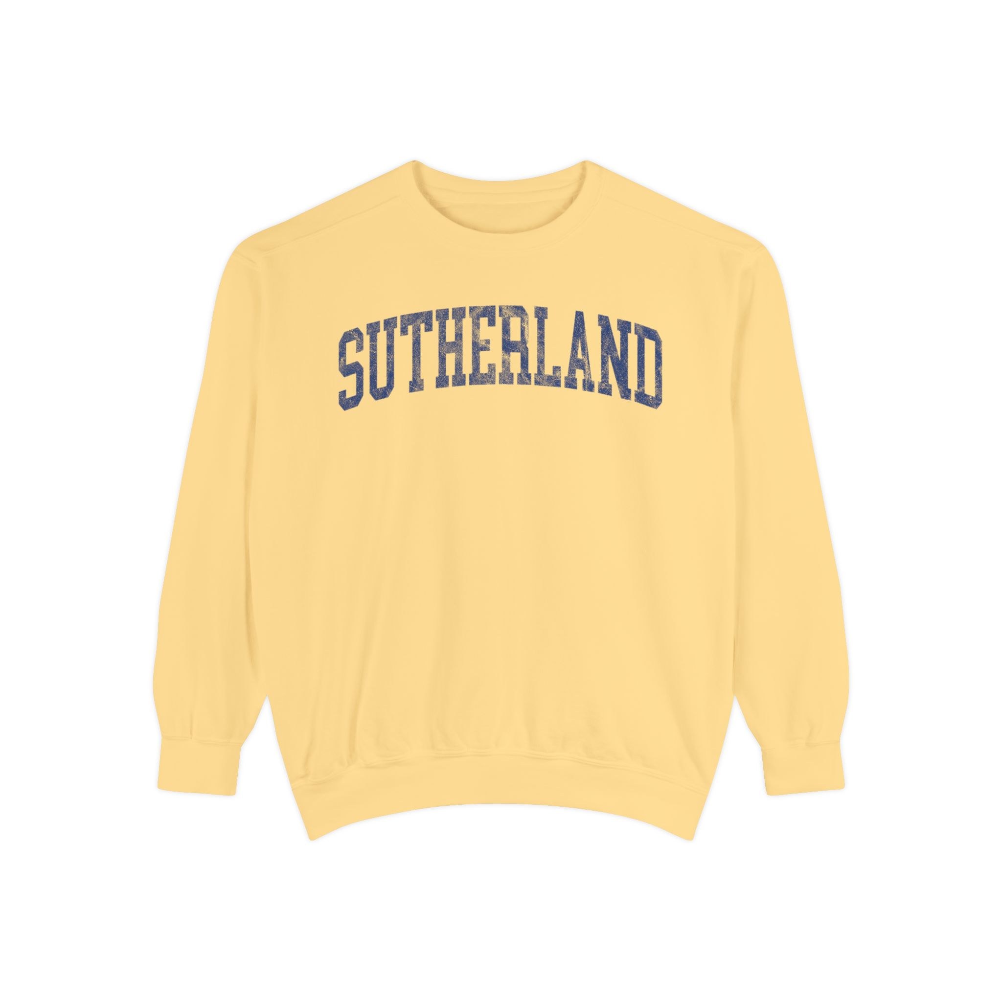 Sutherland Garment-Dyed Crewneck in Unsalted, front — SUTHERLAND lettering