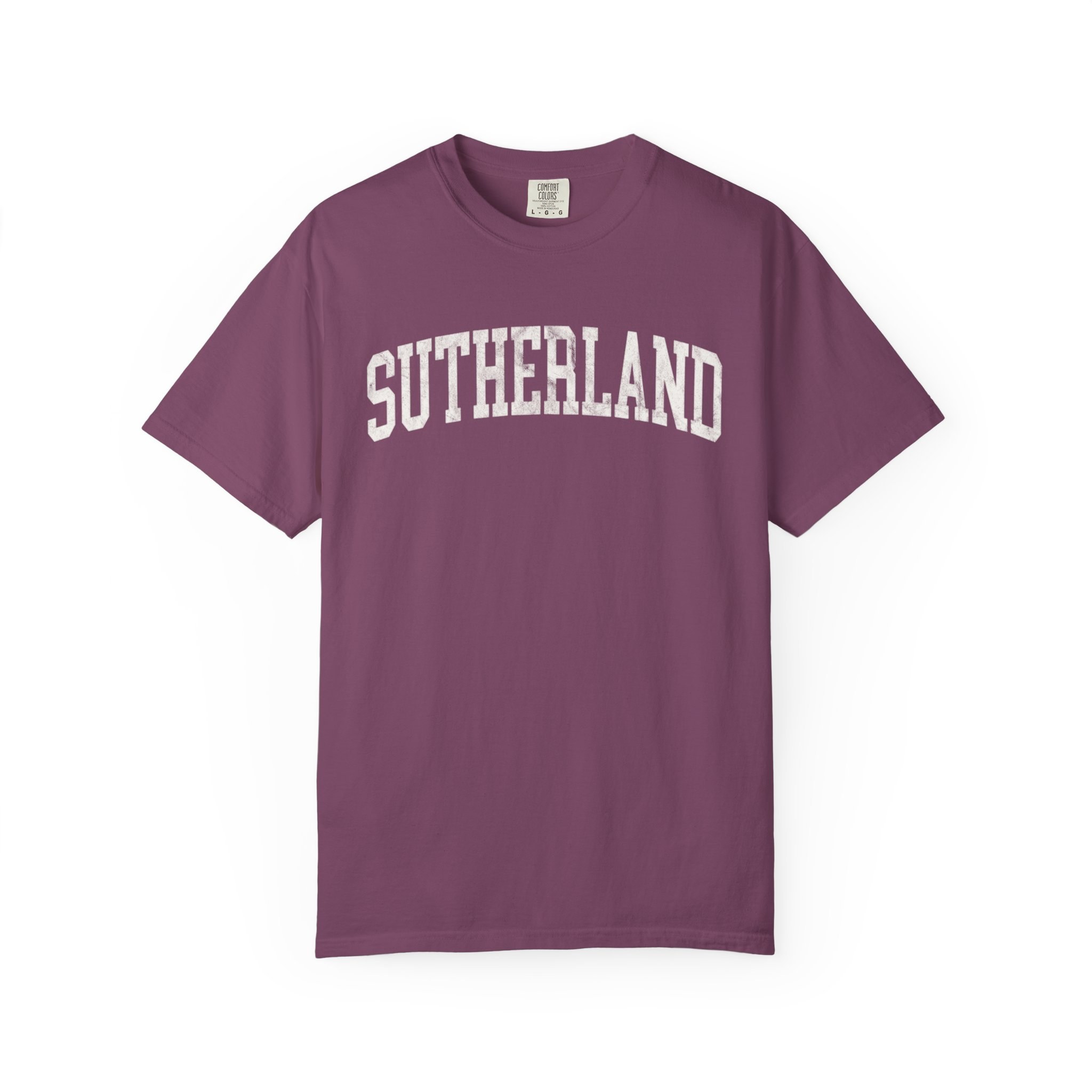 Sutherland Garment-Dyed Tee in Açai Berry, front — SUTHERLAND lettering