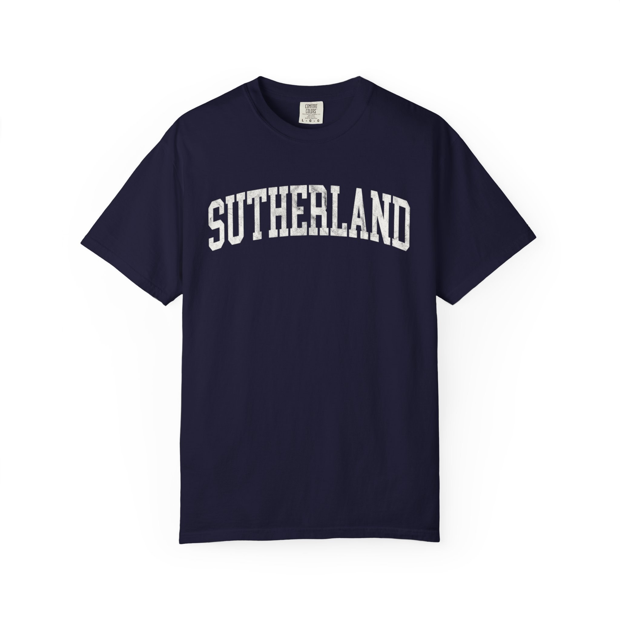 Sutherland Garment-Dyed Tee in Boathouse Blue, front — SUTHERLAND lettering