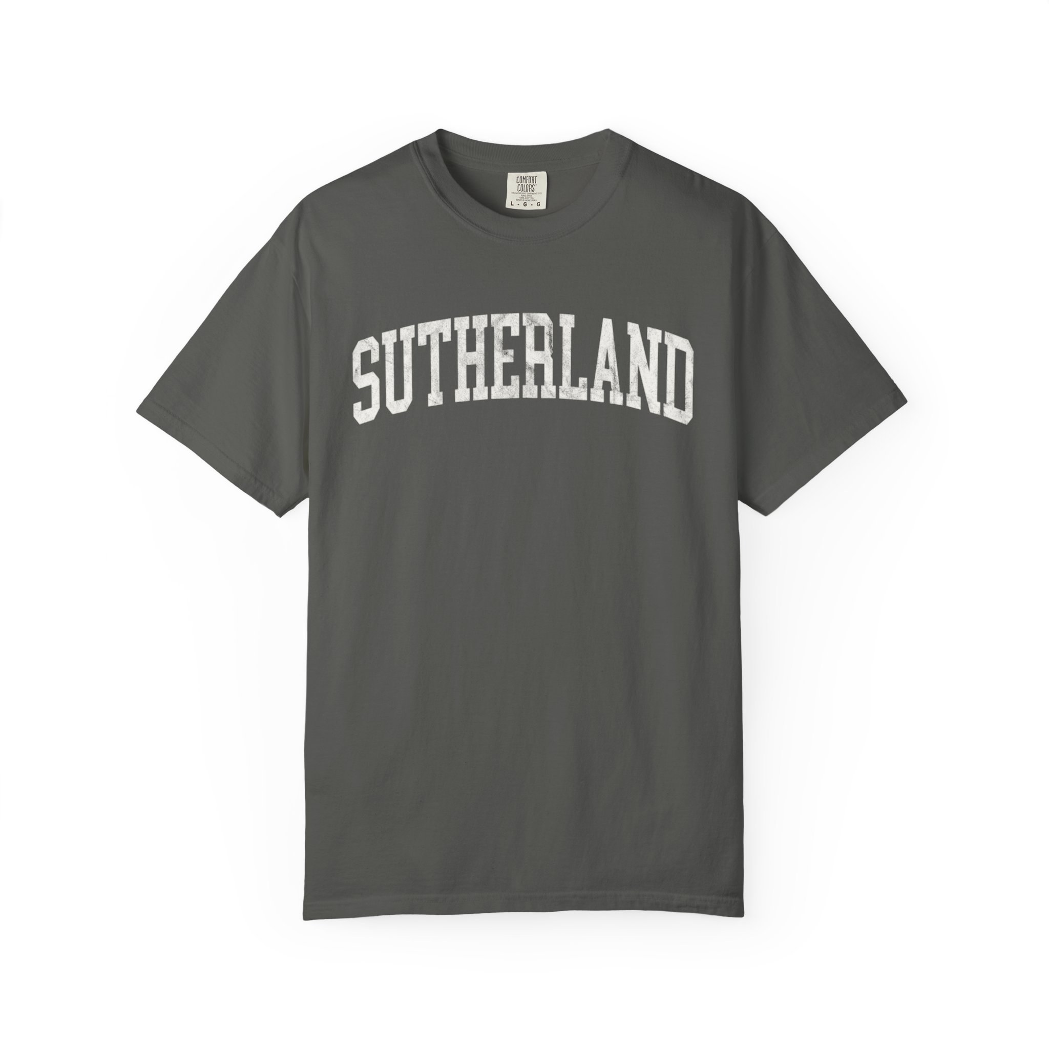 Sutherland Garment-Dyed Tee in Concrete, front — SUTHERLAND lettering