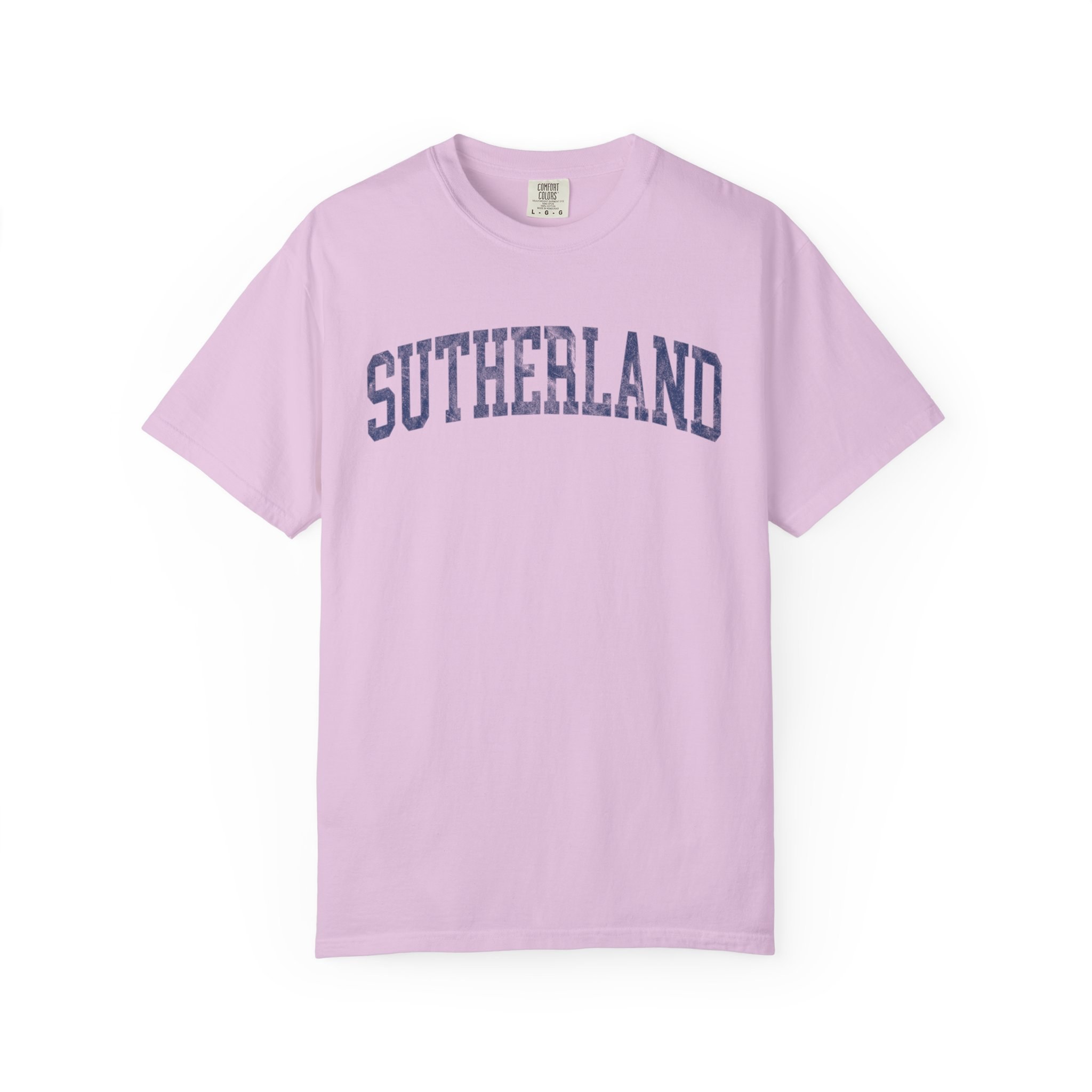 Sutherland Garment-Dyed Tee in Lilac Szn, front — SUTHERLAND lettering