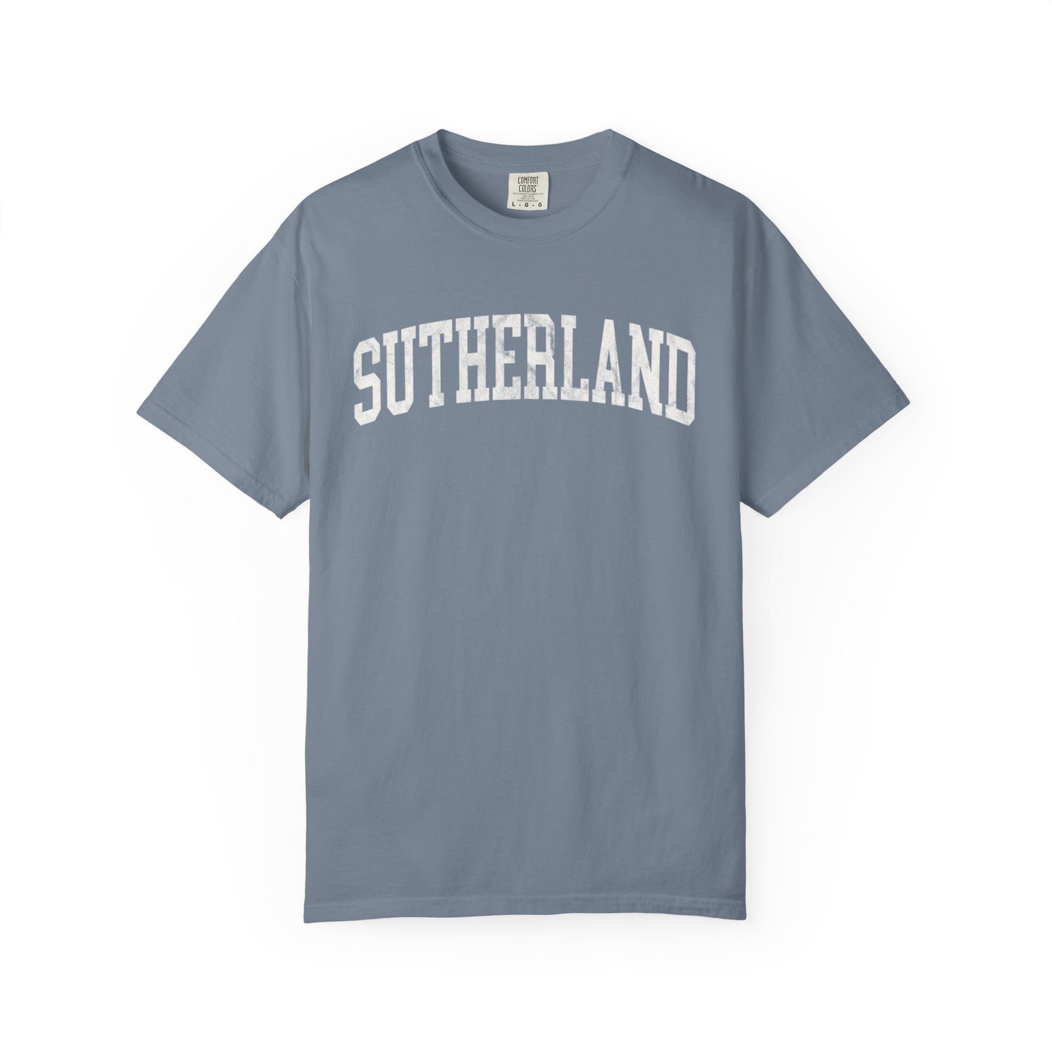 Sutherland Garment-Dyed Tee in Samantha Blue, front — SUTHERLAND lettering