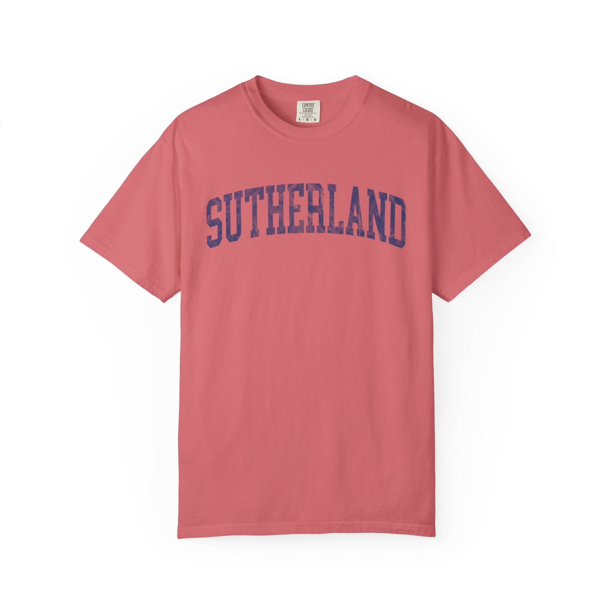 Sutherland Garment-Dyed Tee in Strawberry Cloud, front — SUTHERLAND lettering