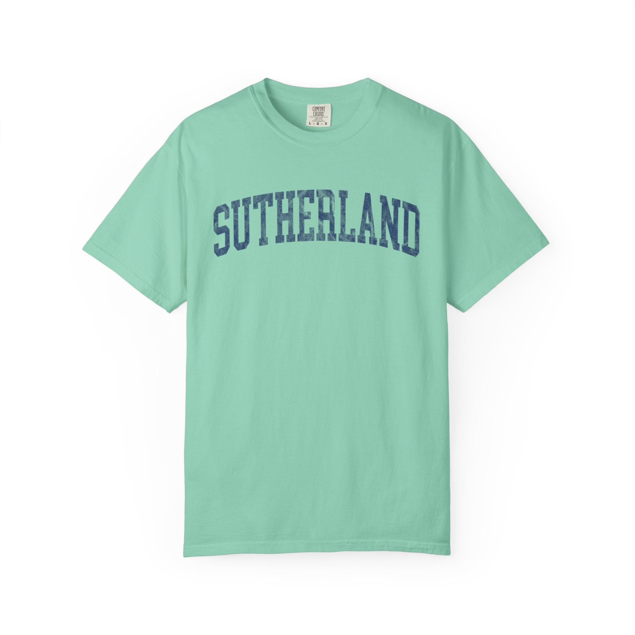 Sutherland Garment-Dyed Tee in Teal Good Inc, front — SUTHERLAND lettering