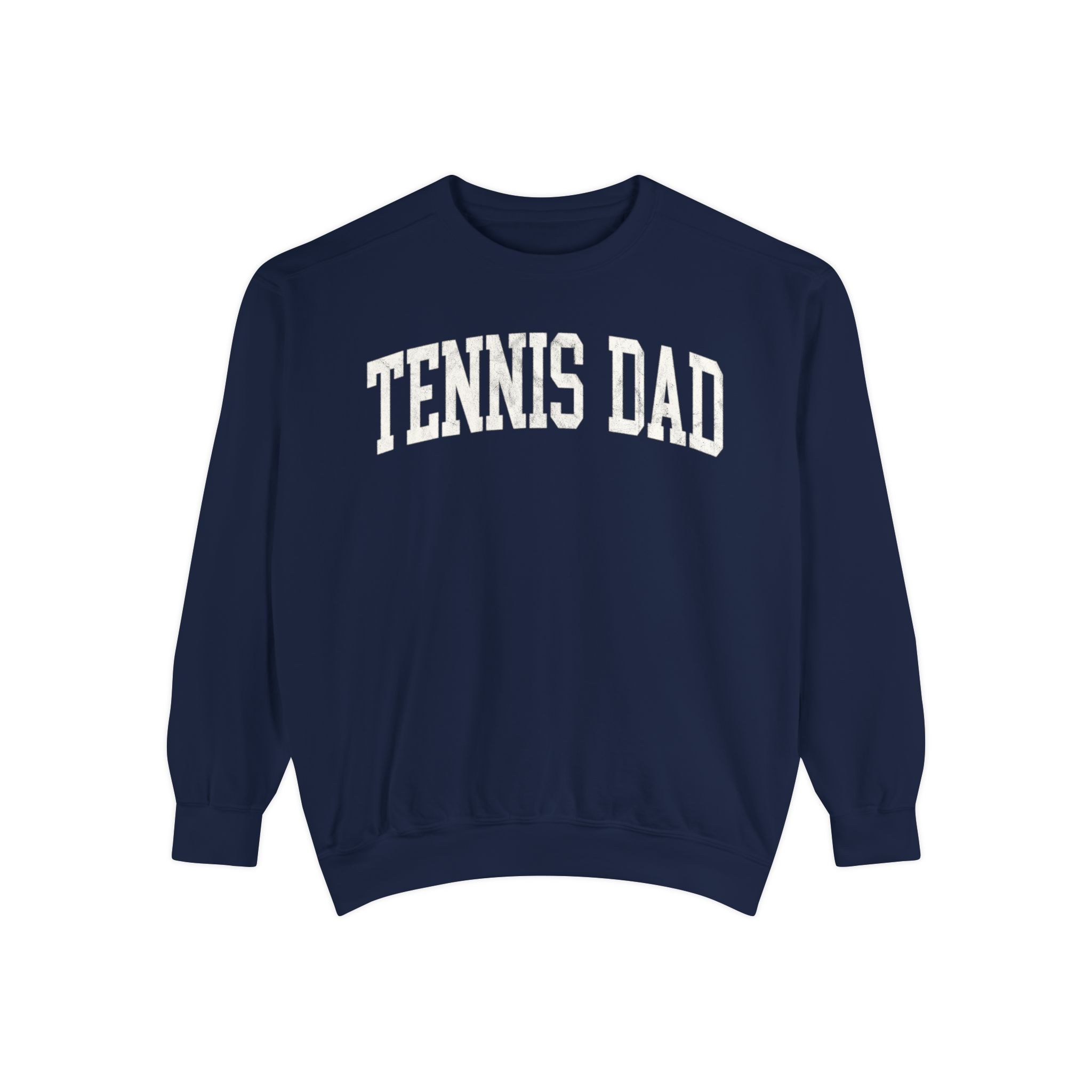 Tennis Dad Garment-Dyed Crewneck in Boathouse Blue, front — TENNIS DAD lettering