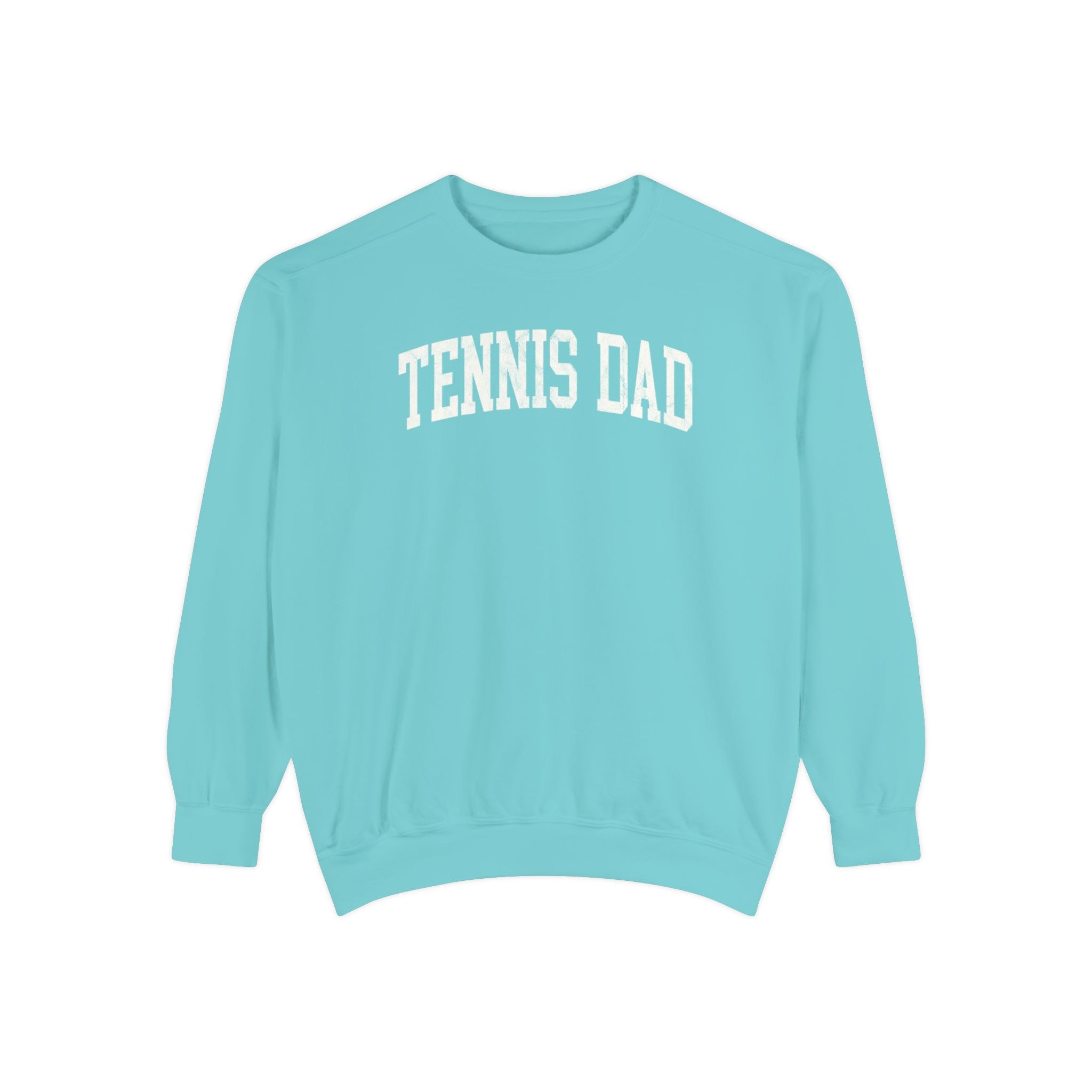 Tennis Dad Garment-Dyed Crewneck in Light Ice, front — TENNIS DAD lettering