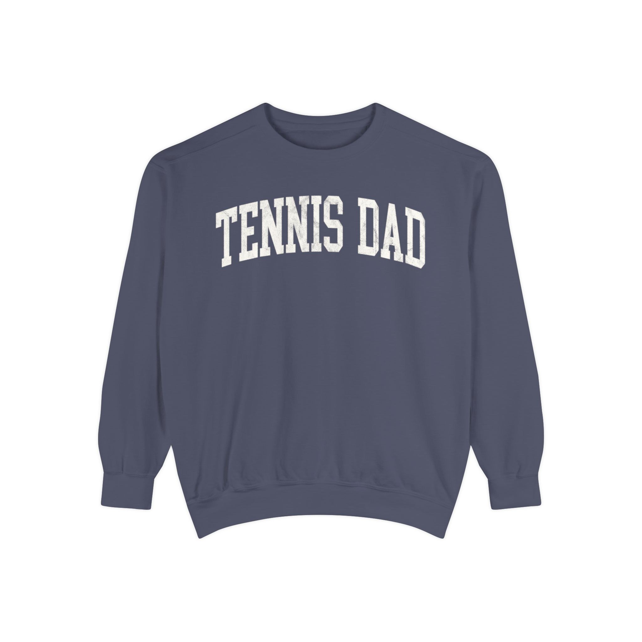 Tennis Dad Garment-Dyed Crewneck in Predawn, front — TENNIS DAD lettering