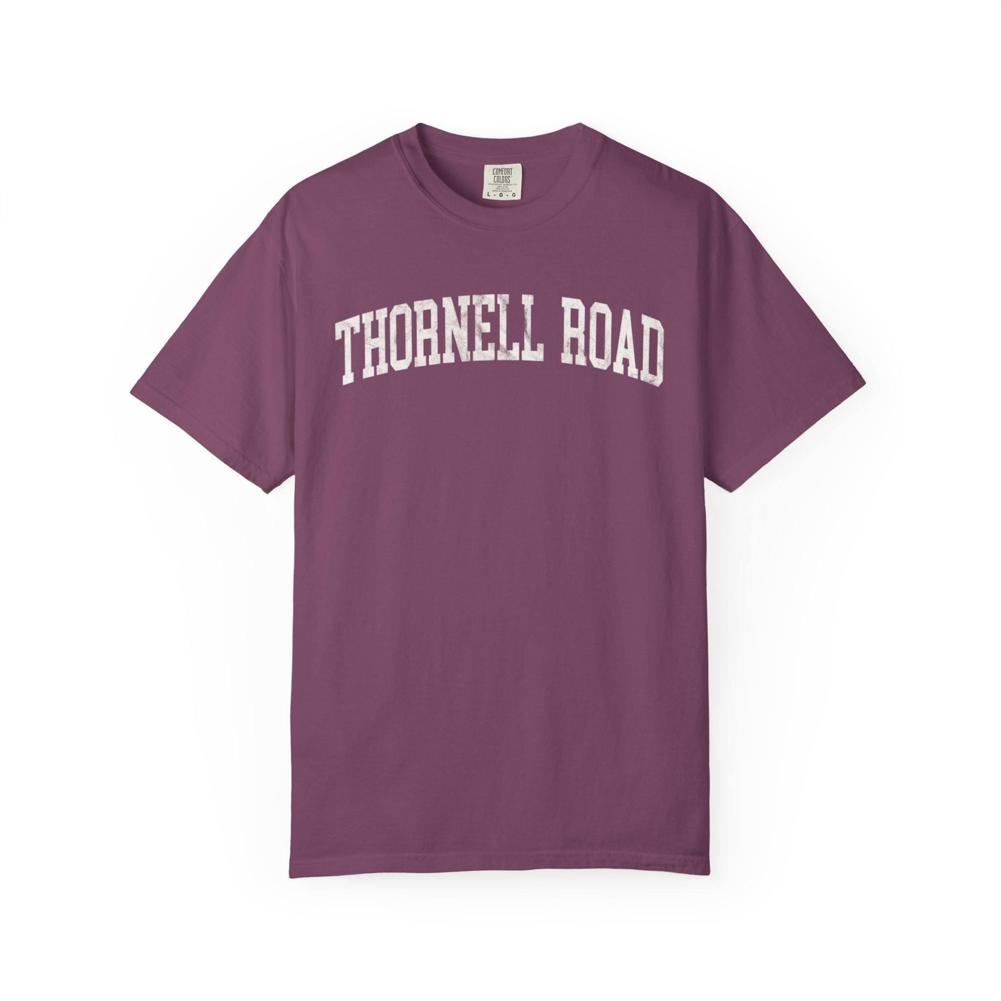 Thornell Road Garment-Dyed Tee in Açai Berry, front — THORNELL ROAD lettering