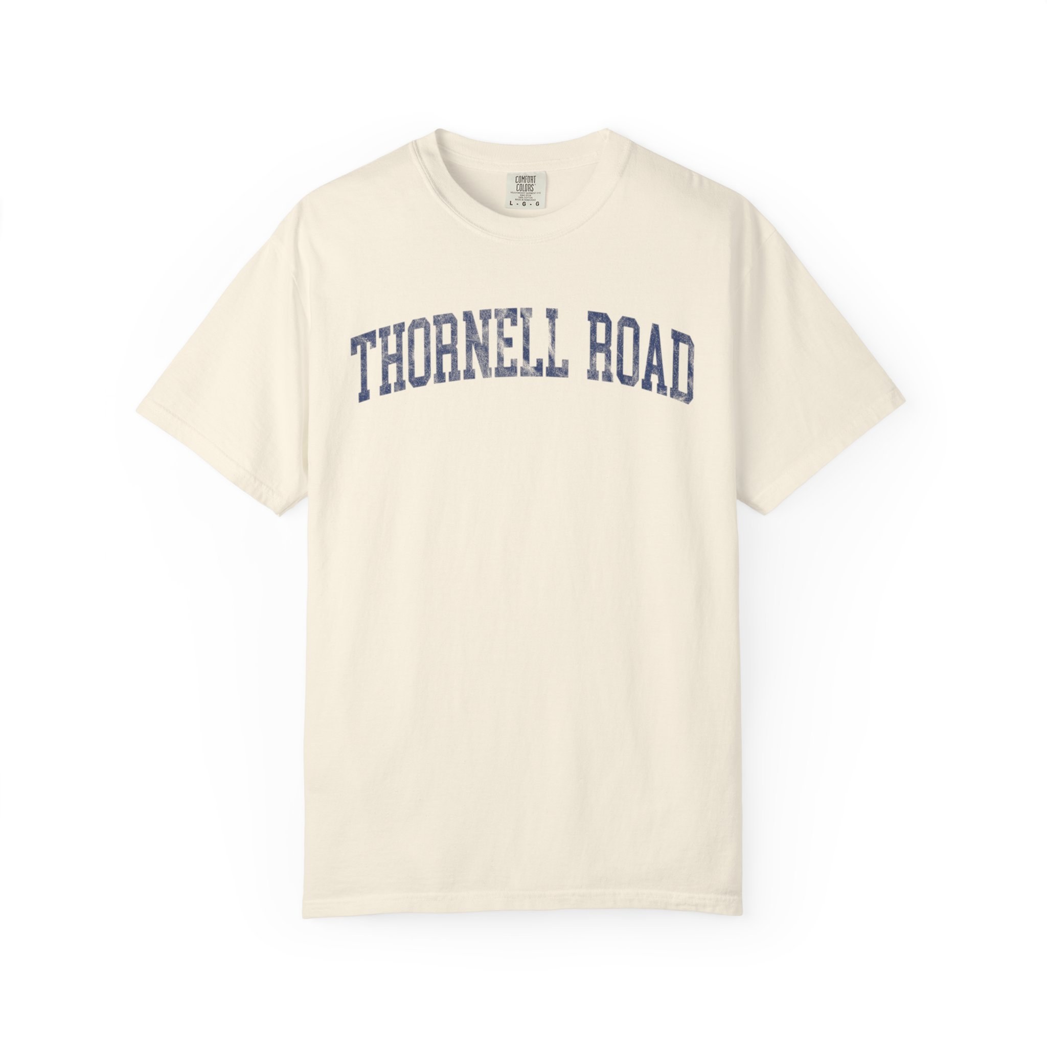 Thornell Road Garment-Dyed Tee in Crème Fraîche, front — THORNELL ROAD lettering