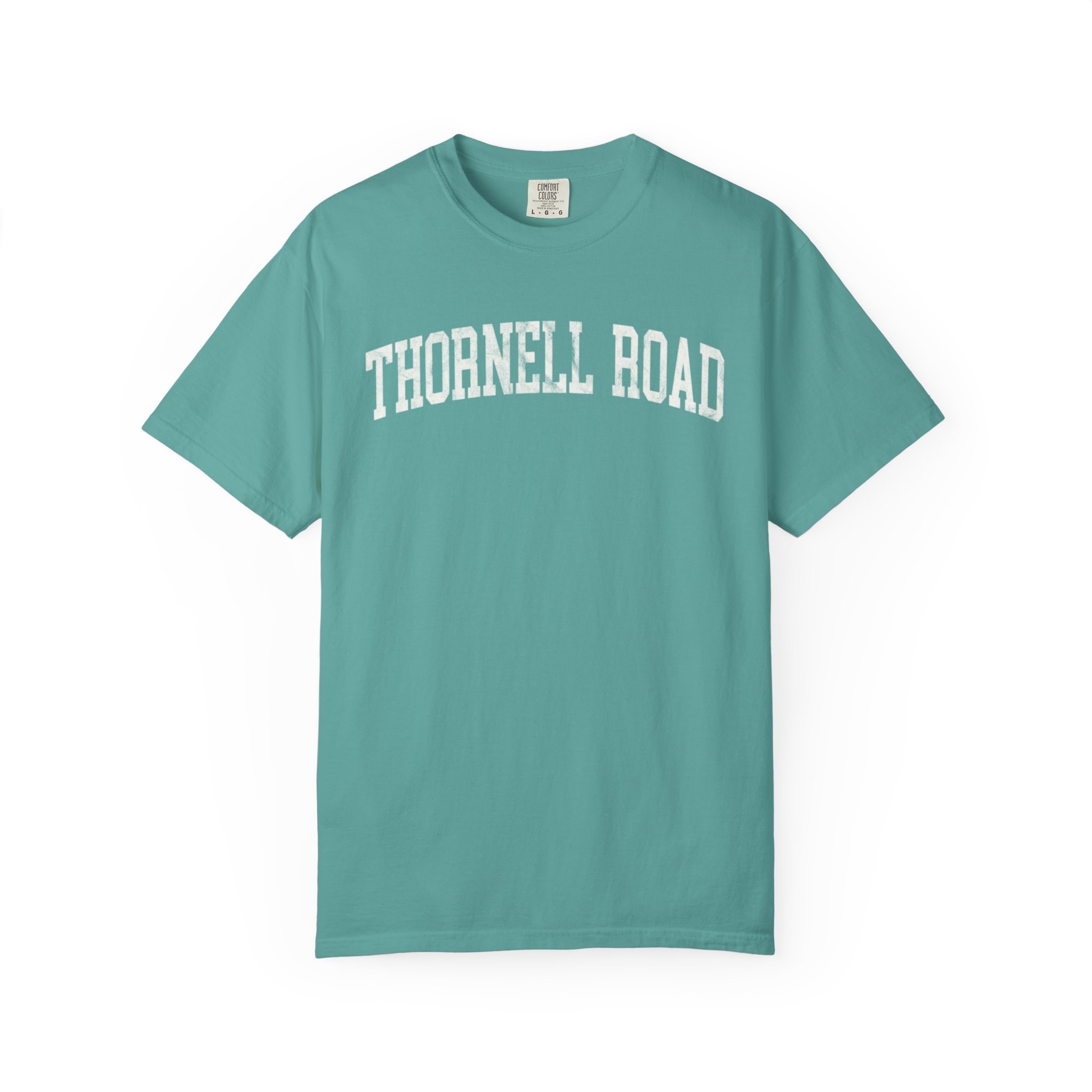 Thornell Road Garment-Dyed Tee in Erie Blue, front — THORNELL ROAD lettering