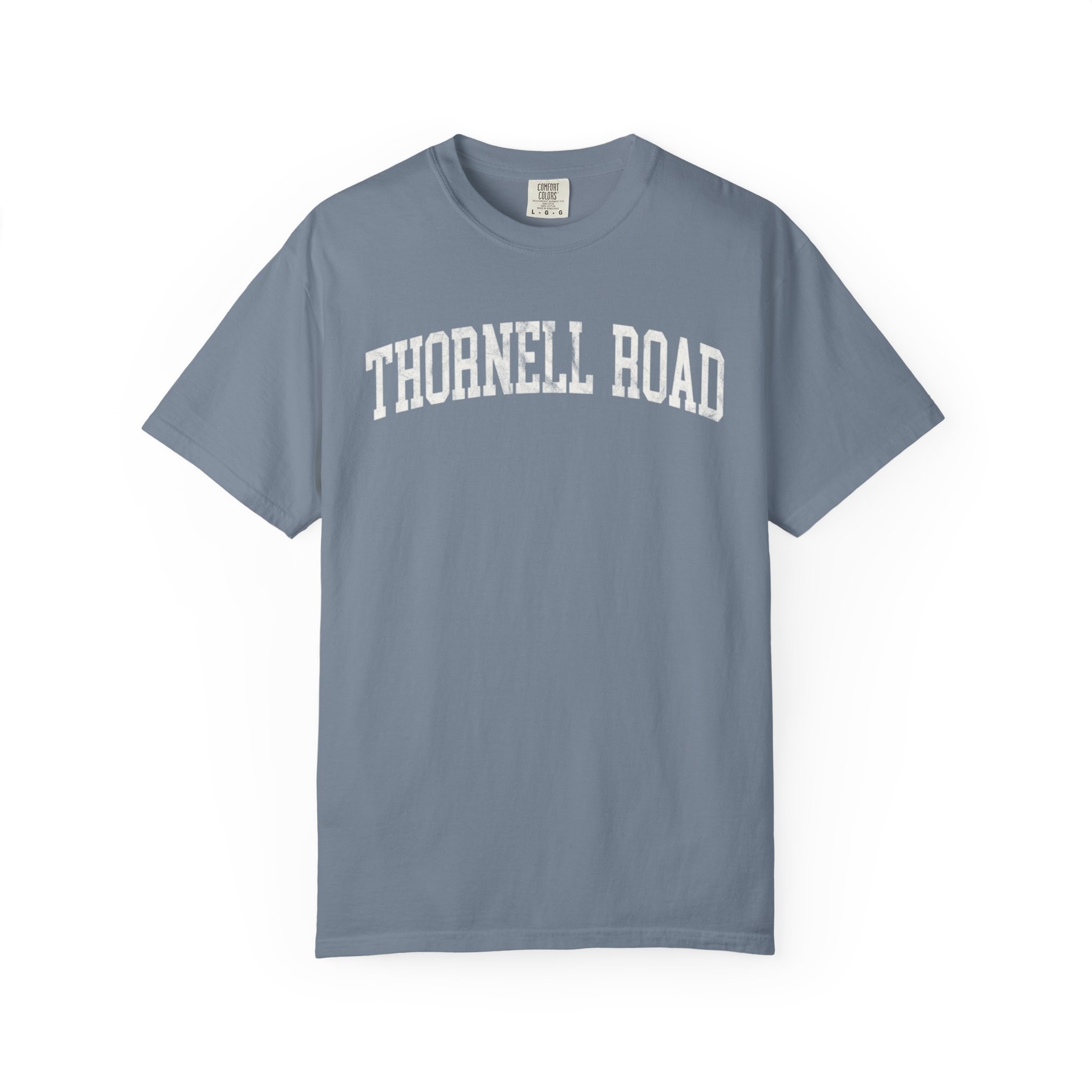 Thornell Road Garment-Dyed Tee in Samantha Blue, front — THORNELL ROAD lettering