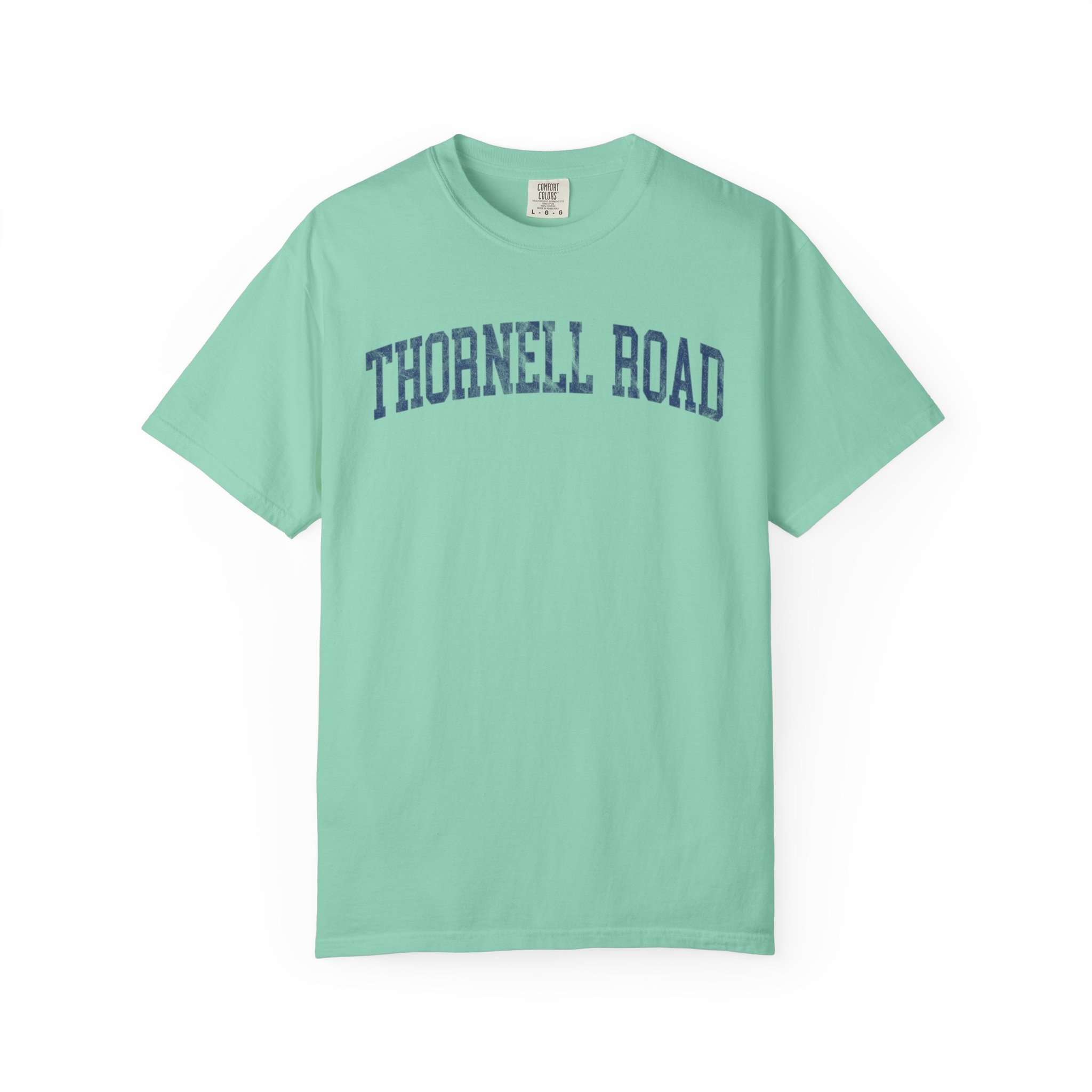 Thornell Road Garment-Dyed Tee in Teal Good Inc, front — THORNELL ROAD lettering
