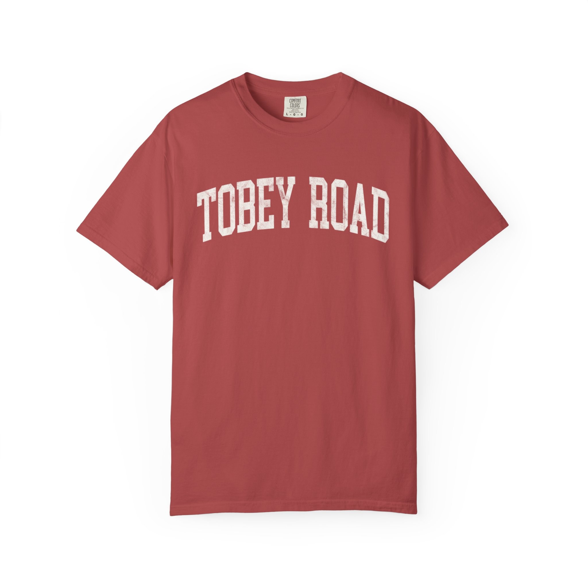 Tobey Road Garment-Dyed Tee in Collegiate Crimson, front — TOBEY ROAD lettering