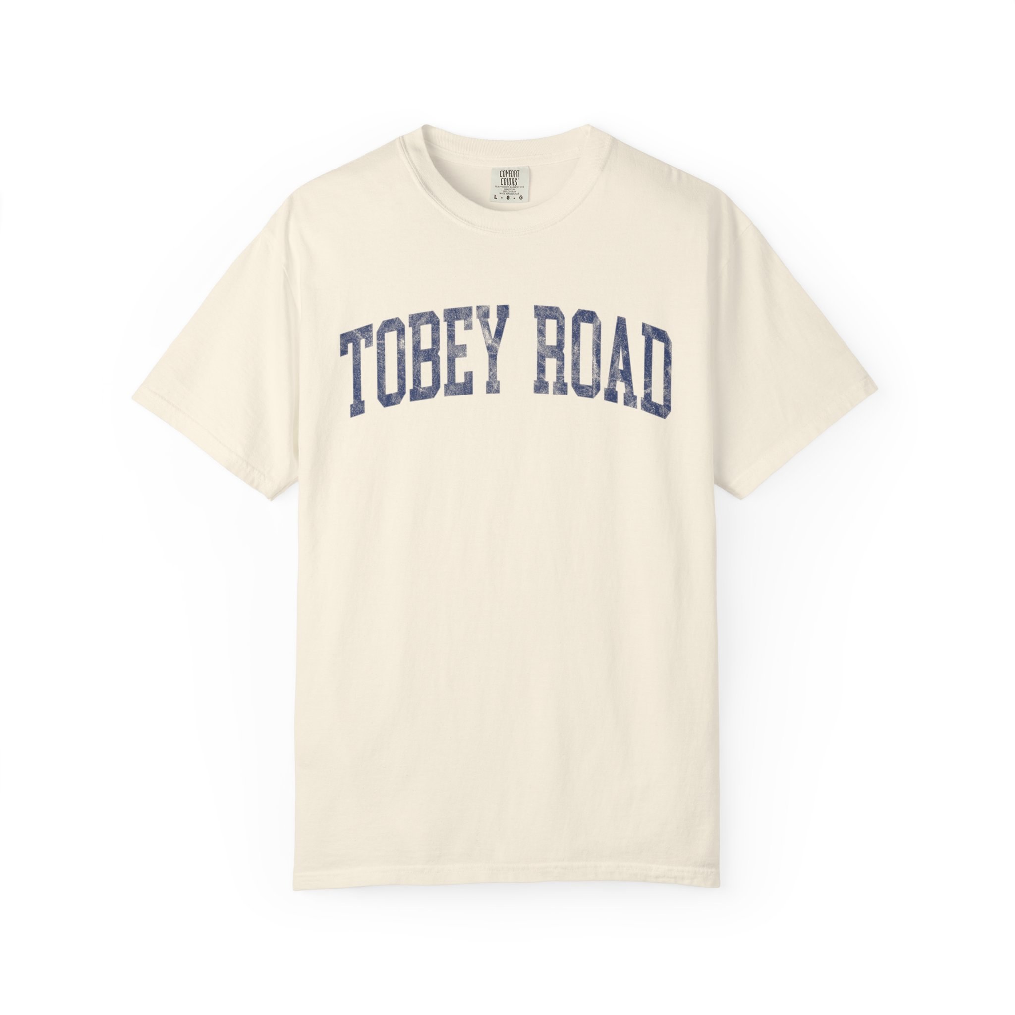Tobey Road Garment-Dyed Tee in Crème Fraîche, front — TOBEY ROAD lettering