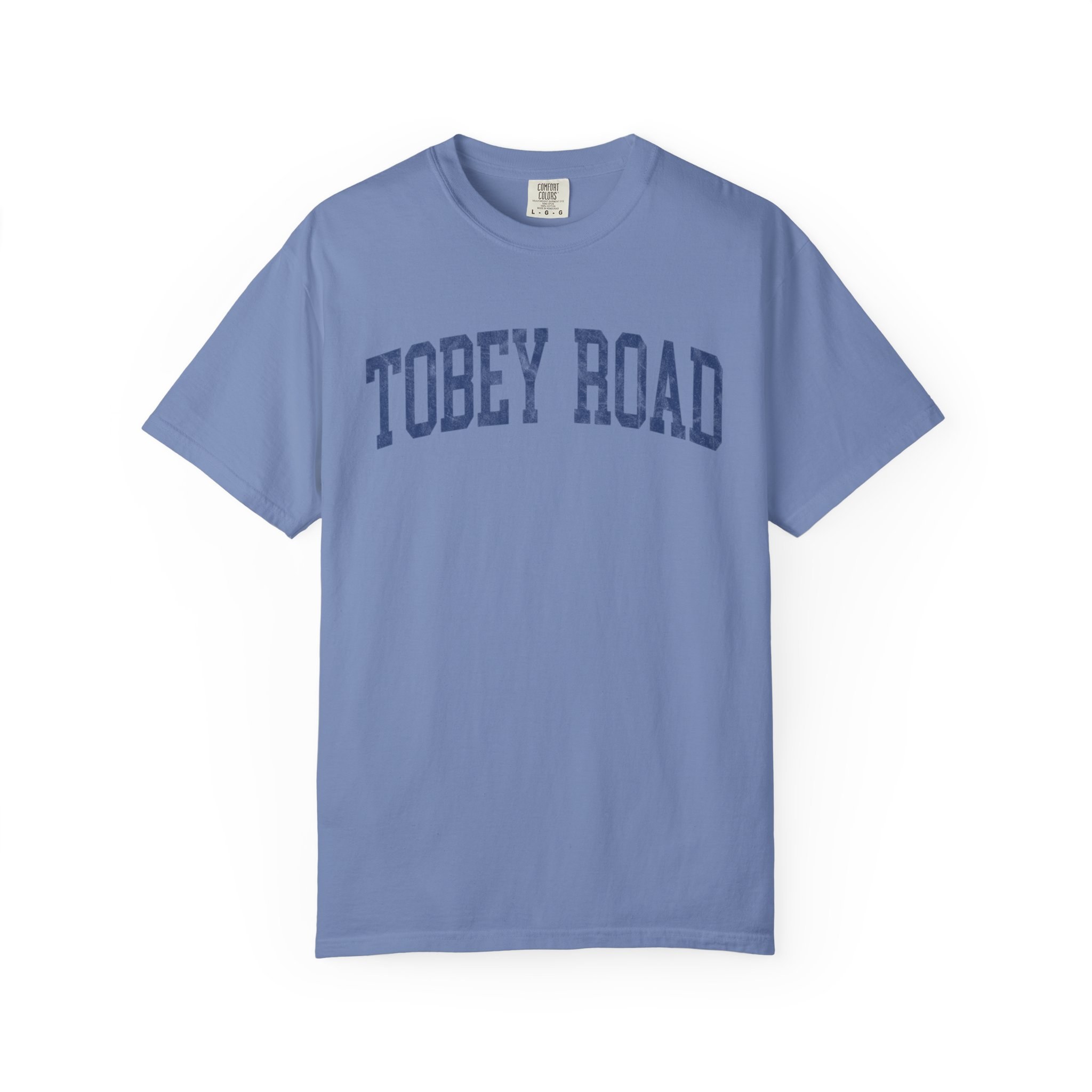 Tobey Road Garment-Dyed Tee in Faded Predawn, front — TOBEY ROAD lettering