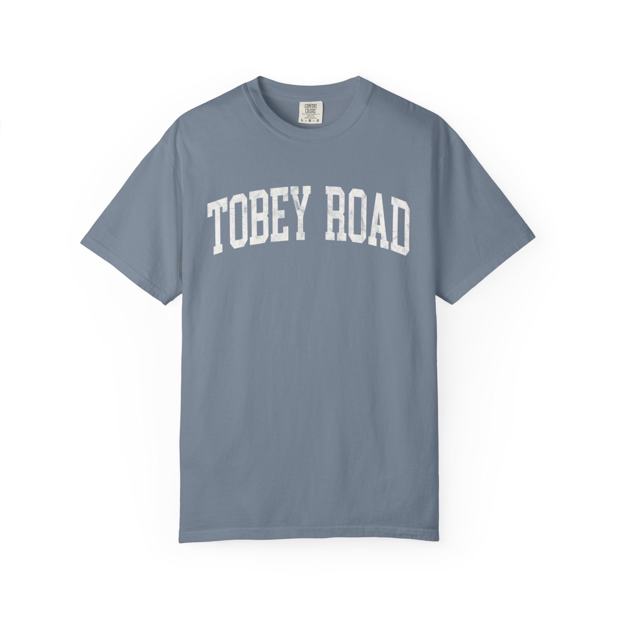 Tobey Road Garment-Dyed Tee in Samantha Blue, front — TOBEY ROAD lettering