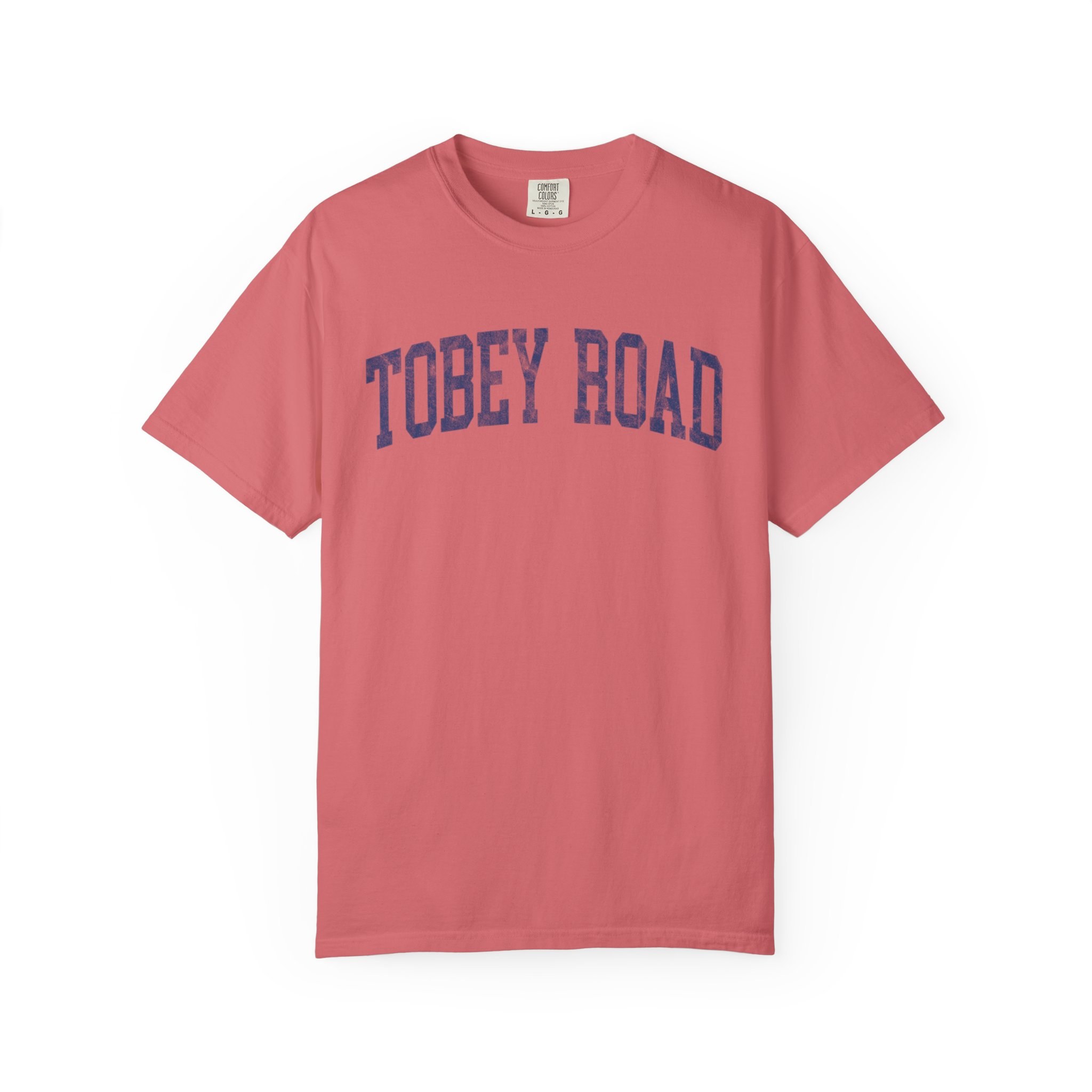 Tobey Road Garment-Dyed Tee in Strawberry Cloud, front — TOBEY ROAD lettering