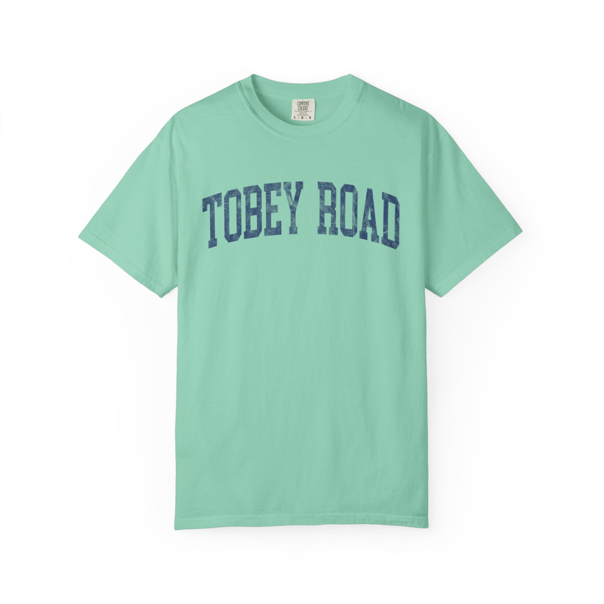 Tobey Road Garment-Dyed Tee in Teal Good Inc, front — TOBEY ROAD lettering