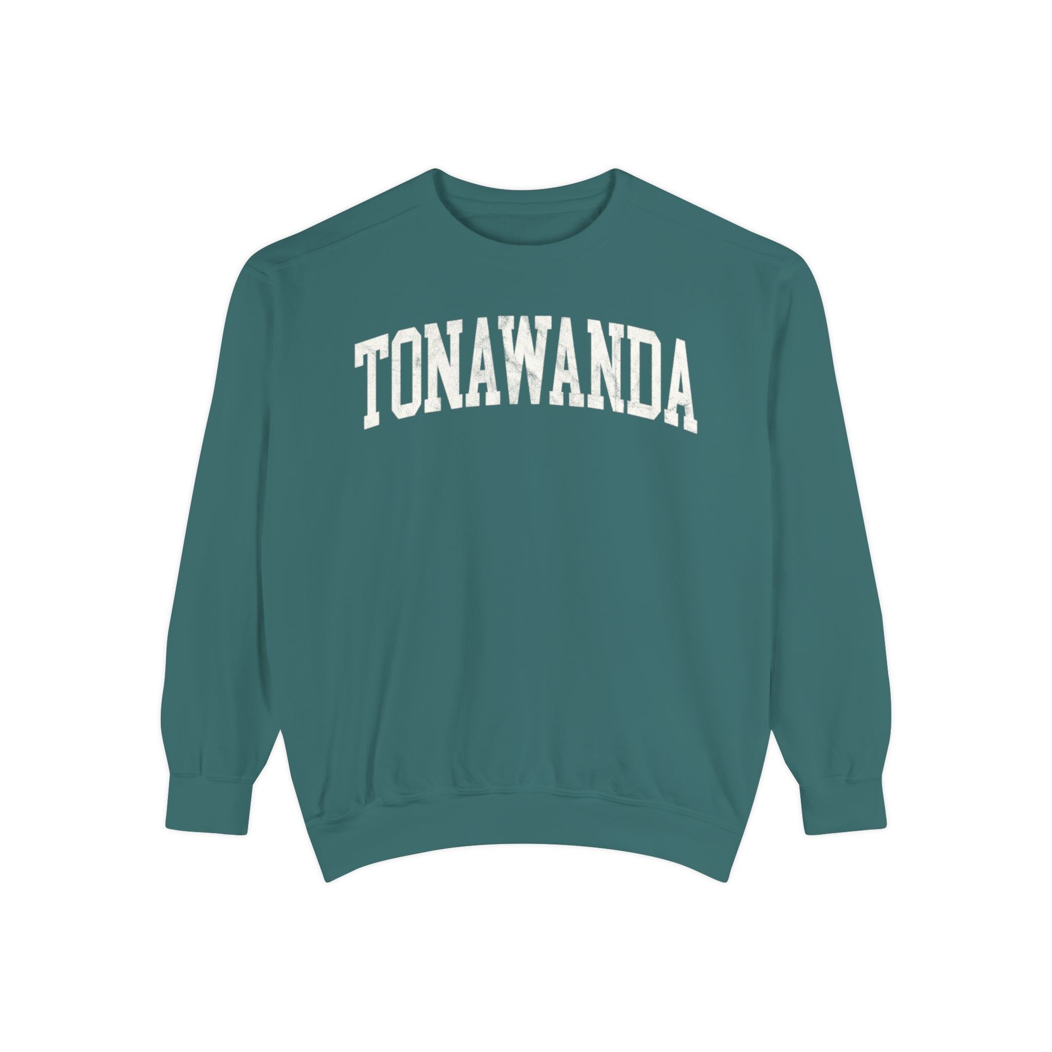 Tonawanda Garment-Dyed Crewneck in Blue Spruce, front — TONAWANDA lettering