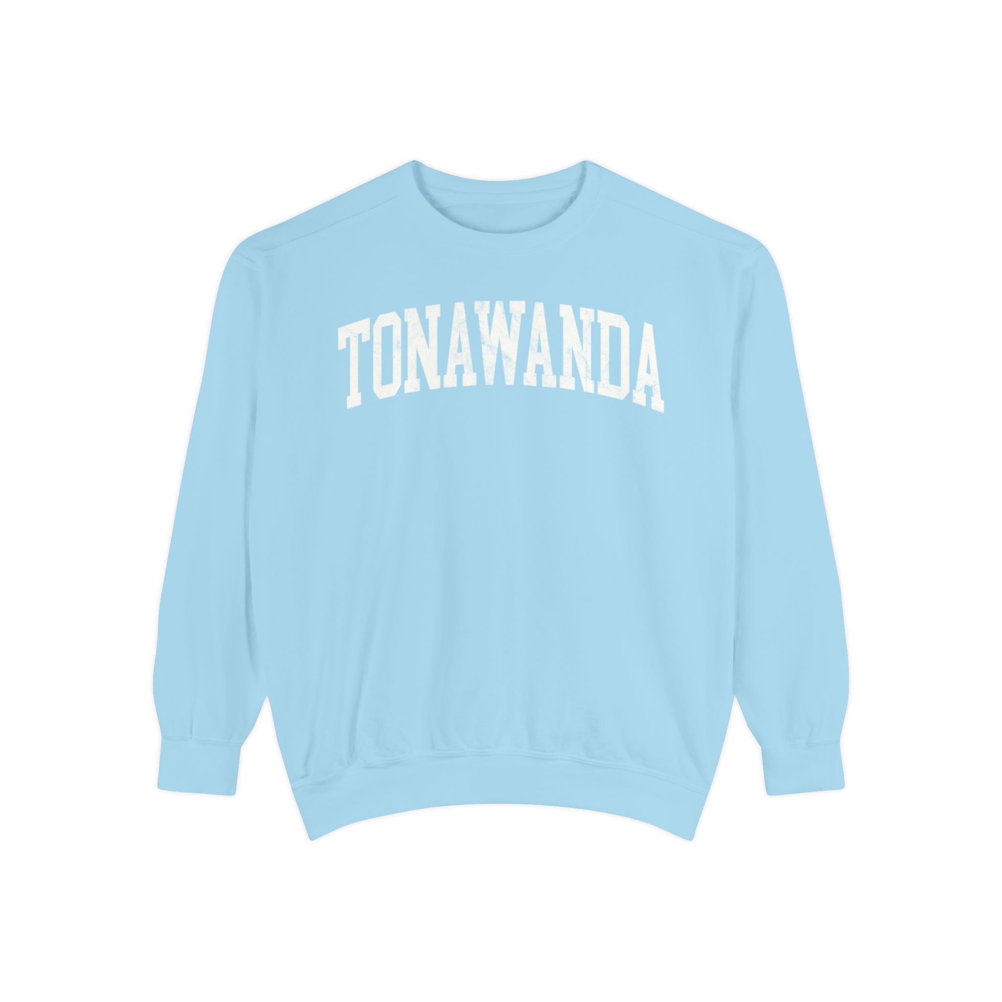 Tonawanda Garment-Dyed Crewneck in Blueberry Milk, front — TONAWANDA lettering