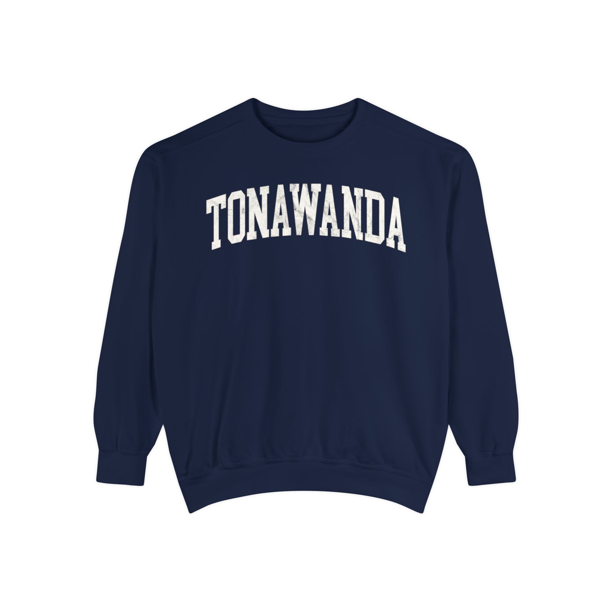 Tonawanda Garment-Dyed Crewneck in Boathouse Blue, front — TONAWANDA lettering