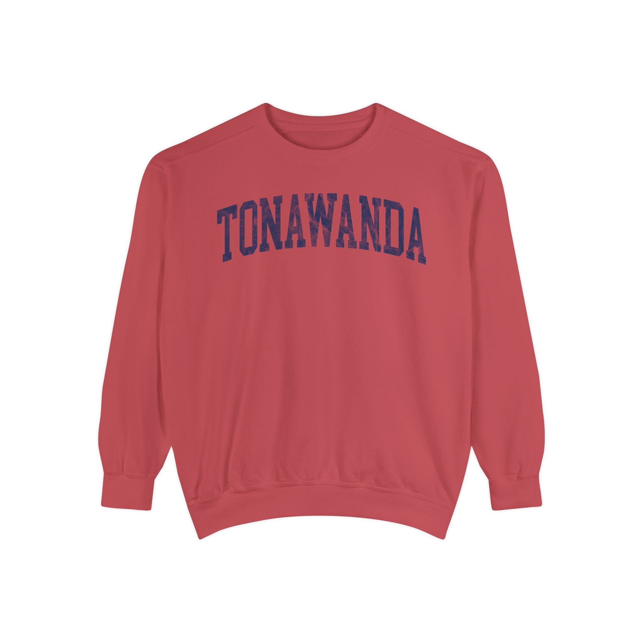 Tonawanda Garment-Dyed Crewneck in Collegiate Crimson, front — TONAWANDA lettering