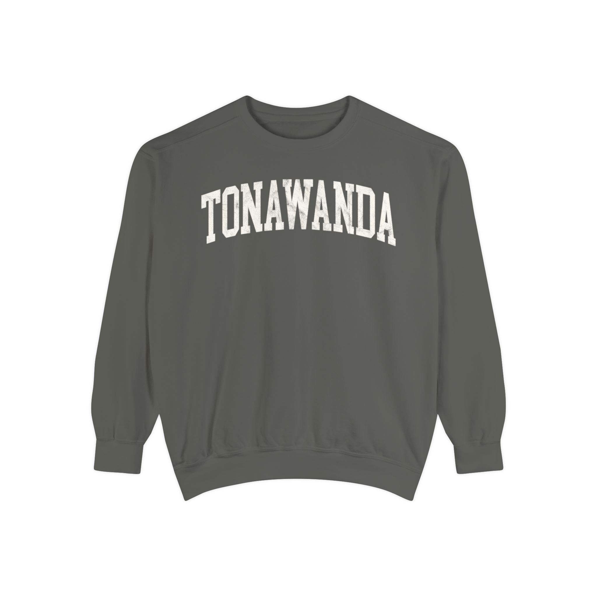 Tonawanda Garment-Dyed Crewneck in Concrete, front — TONAWANDA lettering