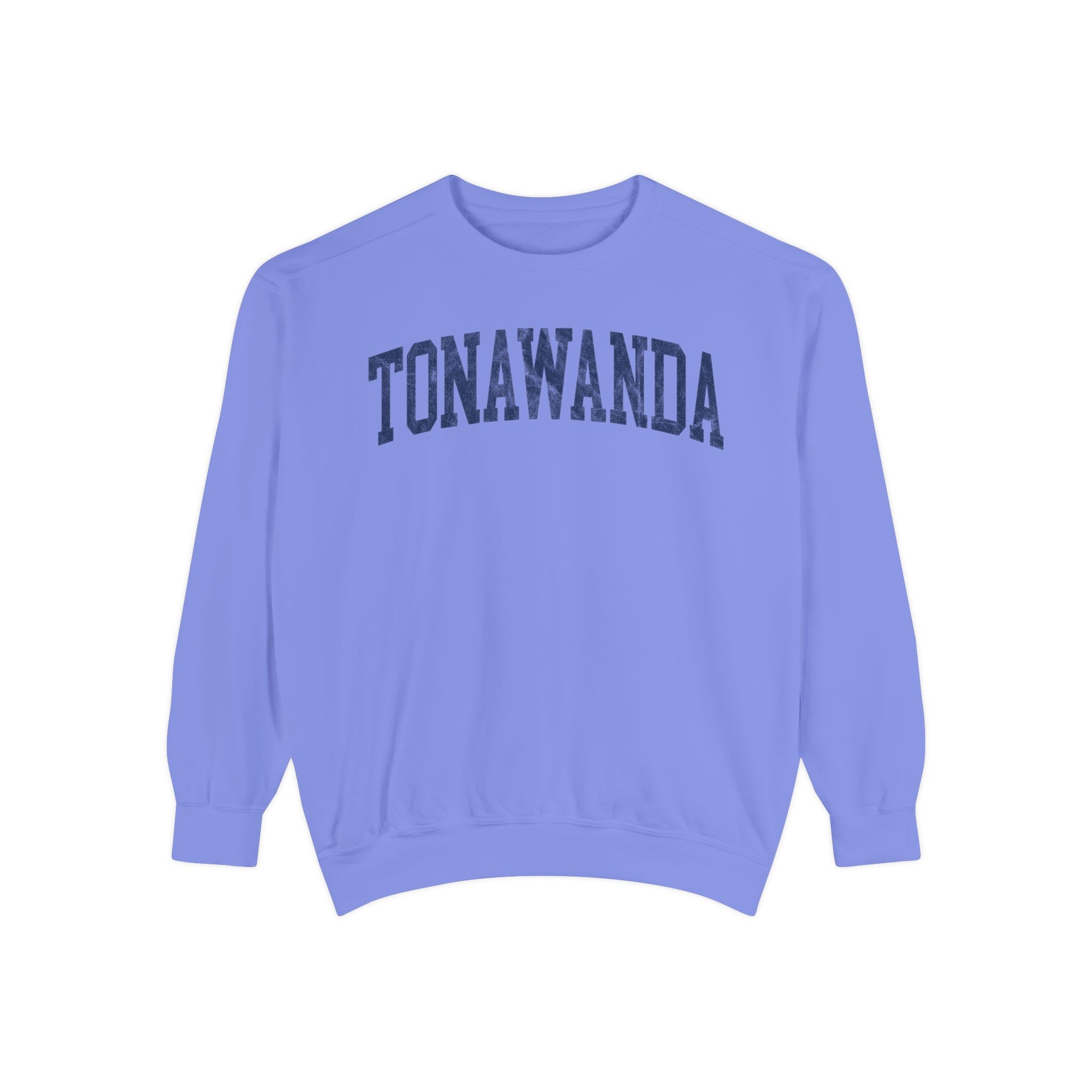 Tonawanda Garment-Dyed Crewneck in Conesus Blue, front — TONAWANDA lettering