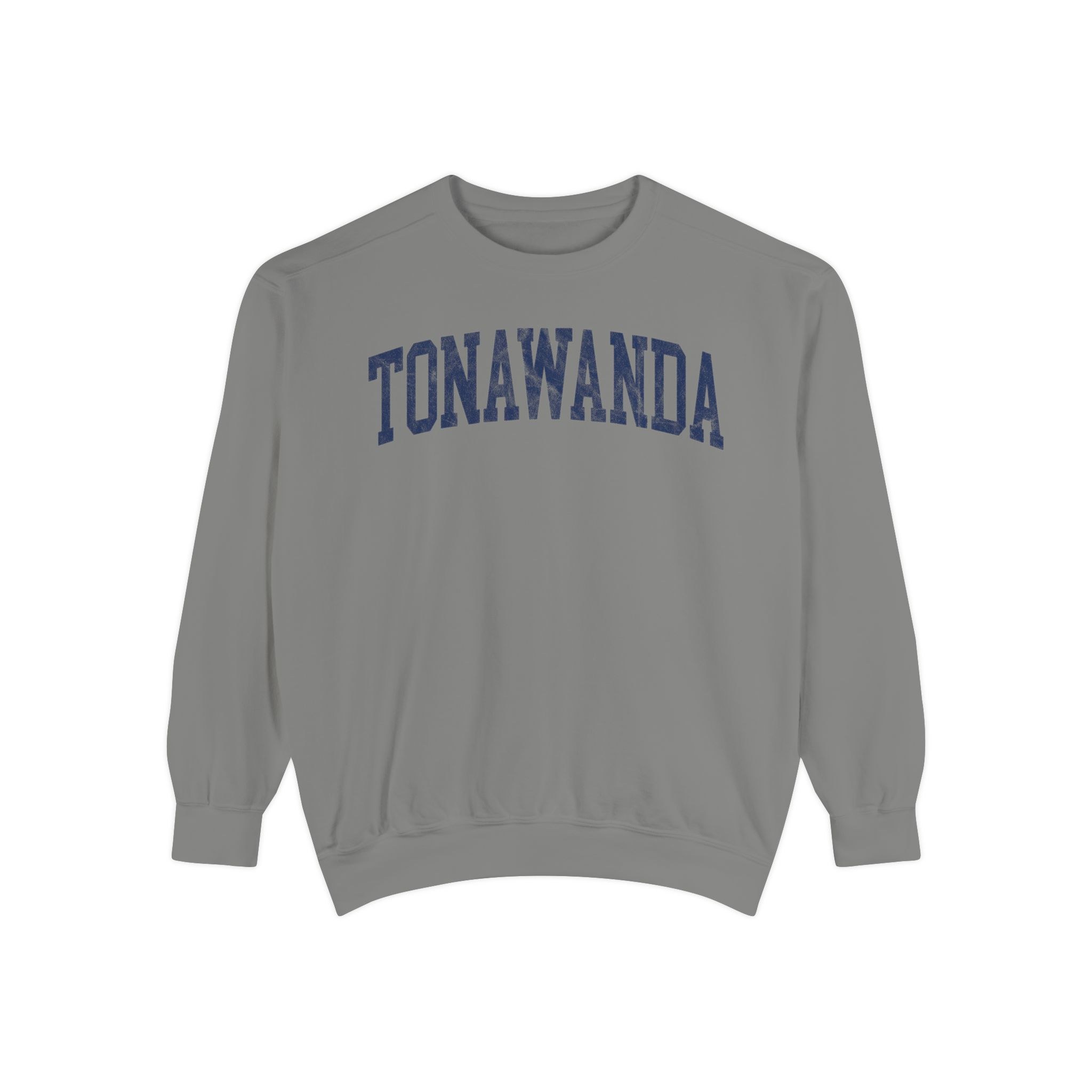Tonawanda Garment-Dyed Crewneck in Dusting, front — TONAWANDA lettering