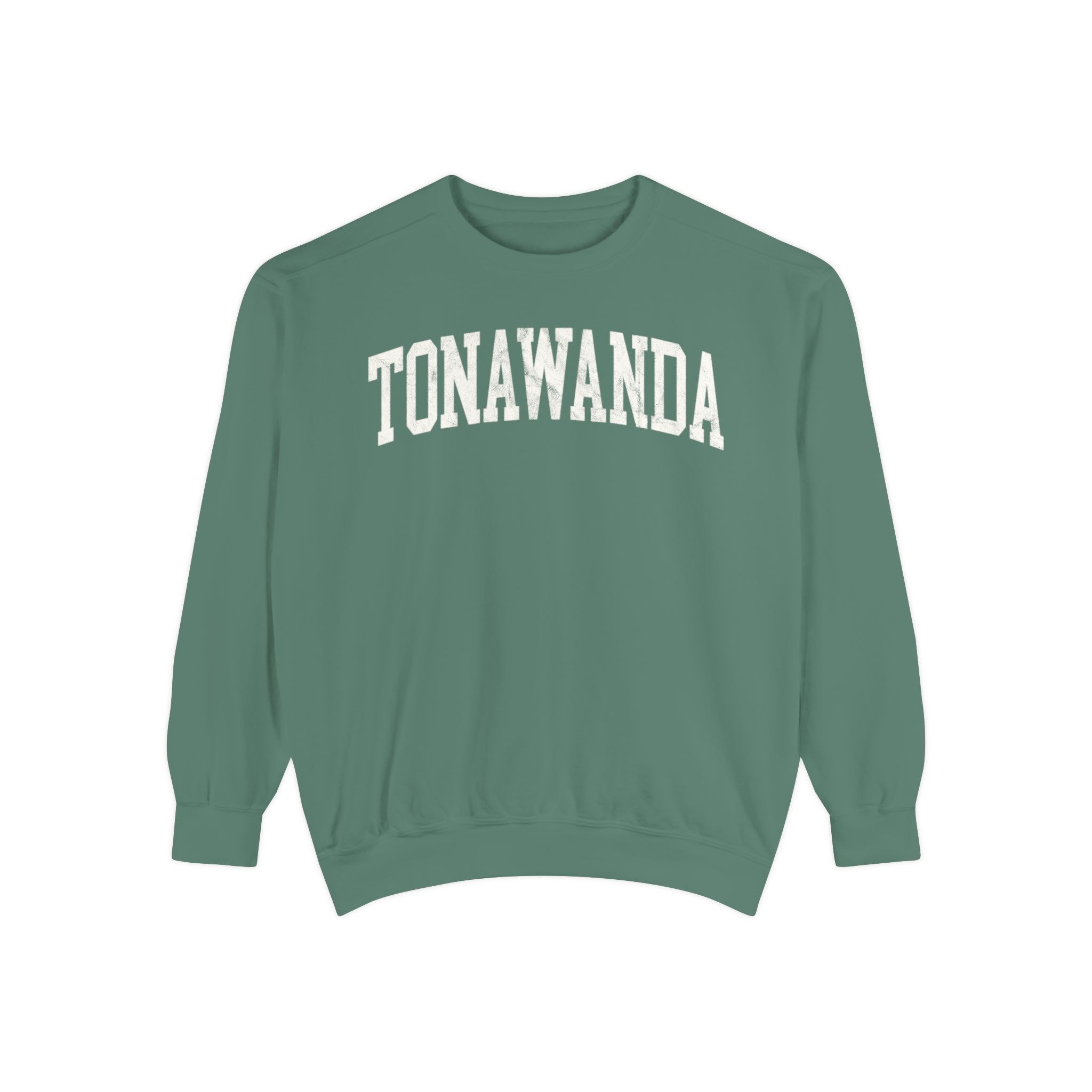 Tonawanda Garment-Dyed Crewneck in Light Green, front — TONAWANDA lettering