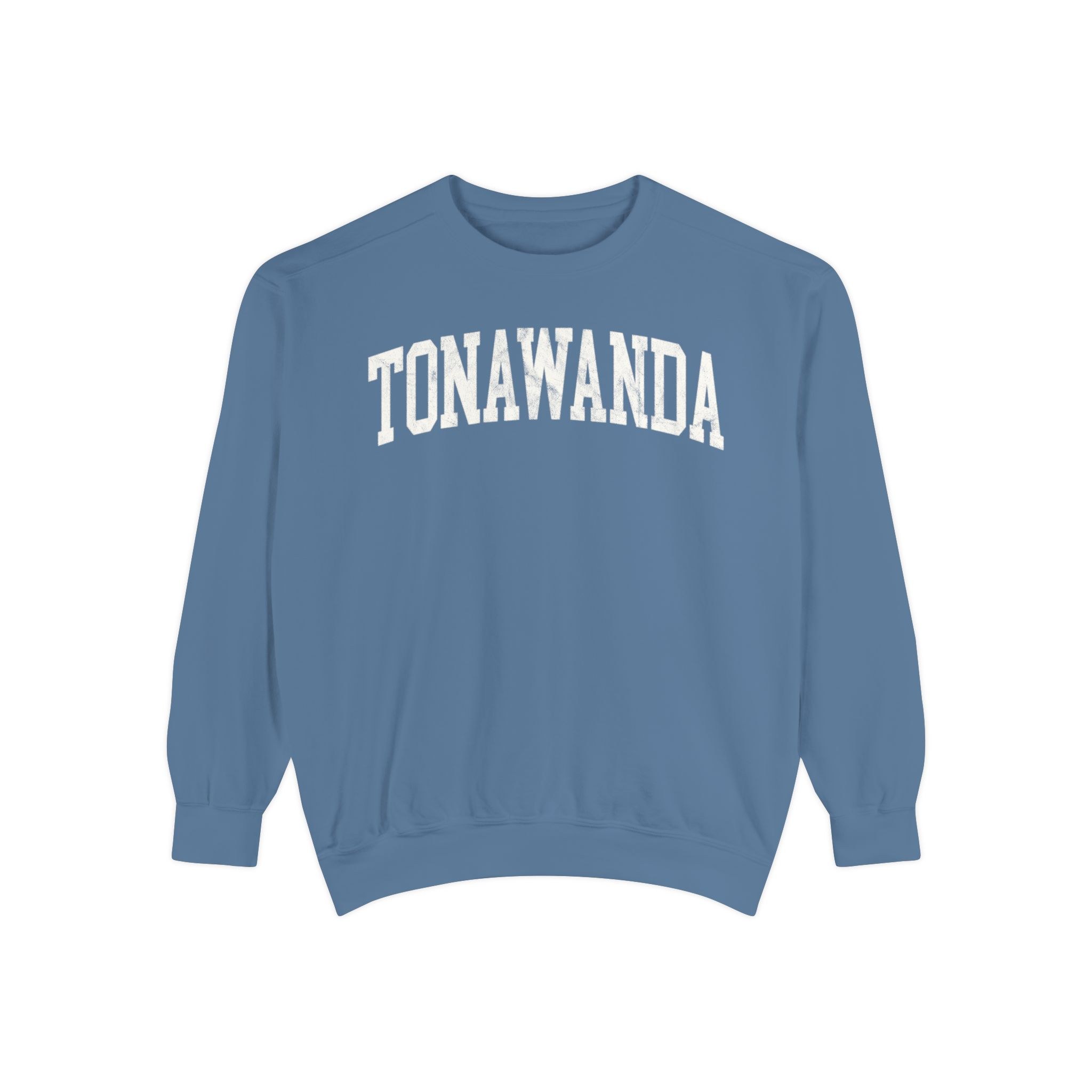 Tonawanda Garment-Dyed Crewneck in Samantha Blue, front — TONAWANDA lettering