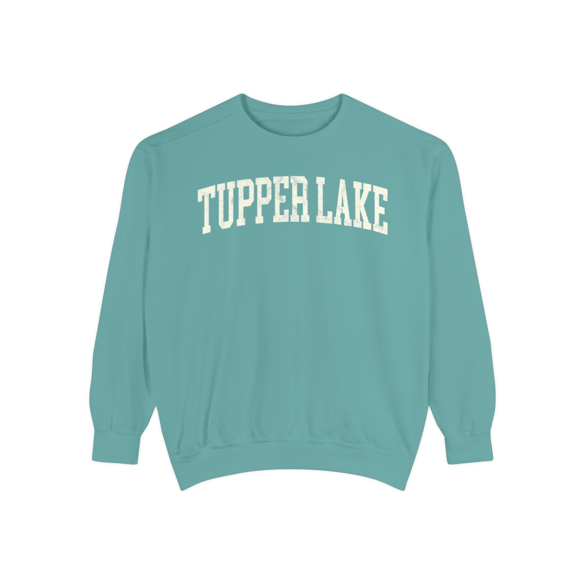 Tupper Lake Garment-Dyed Crewneck in Erie Blue, front — TUPPER LAKE lettering
