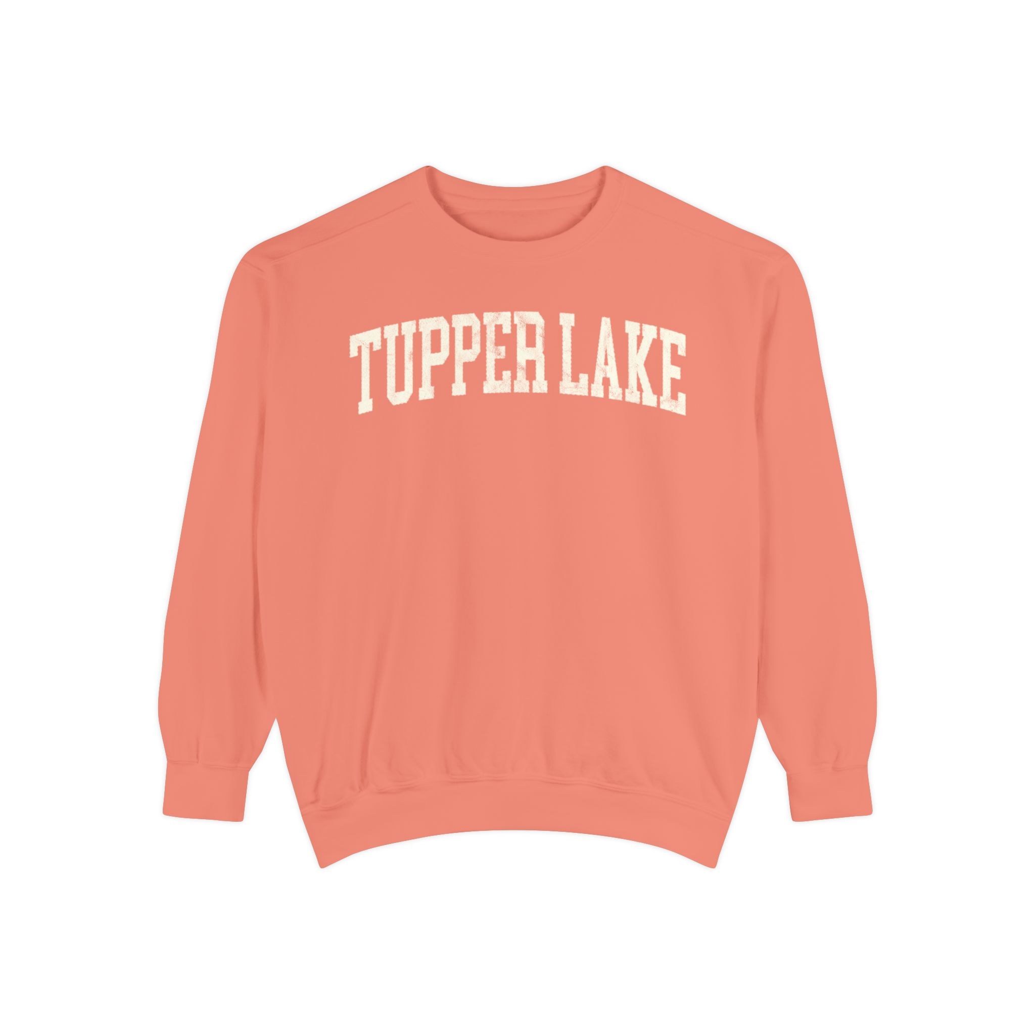 Tupper Lake Garment-Dyed Crewneck in Terracotta, front — TUPPER LAKE lettering