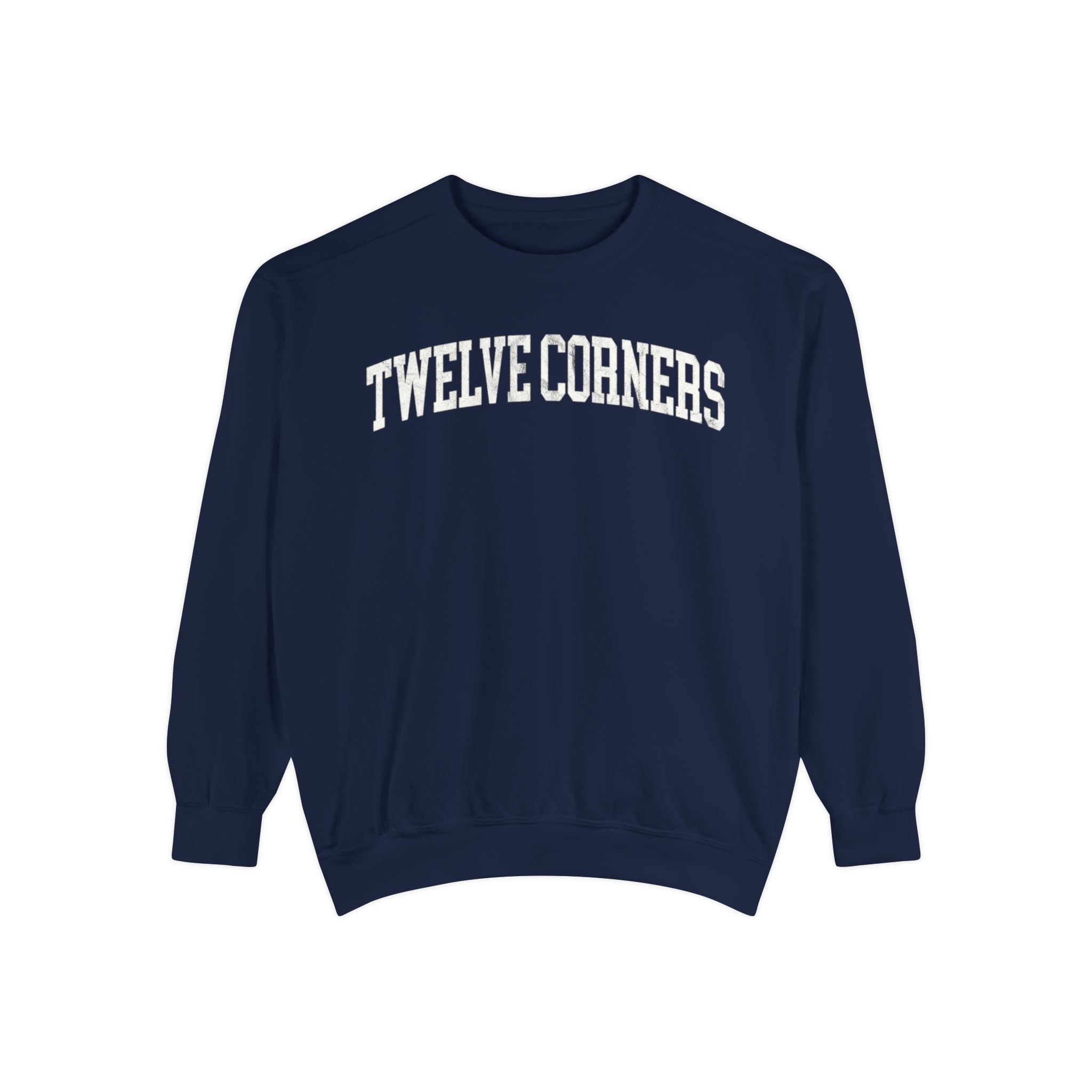 Twelve Corners Garment-Dyed Crewneck in Boathouse Blue, front — TWELVE CORNERS lettering