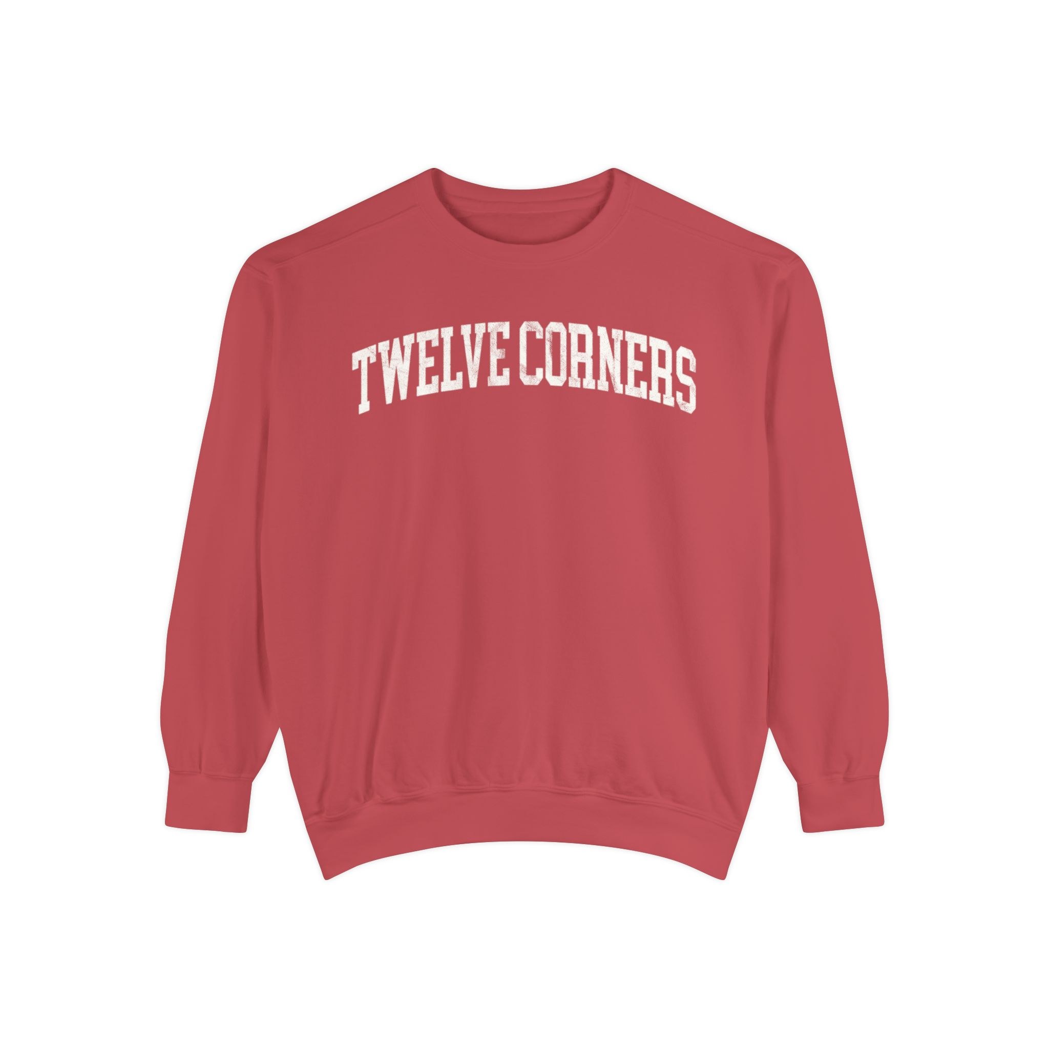 Twelve Corners Garment-Dyed Crewneck in Collegiate Crimson, front — TWELVE CORNERS lettering