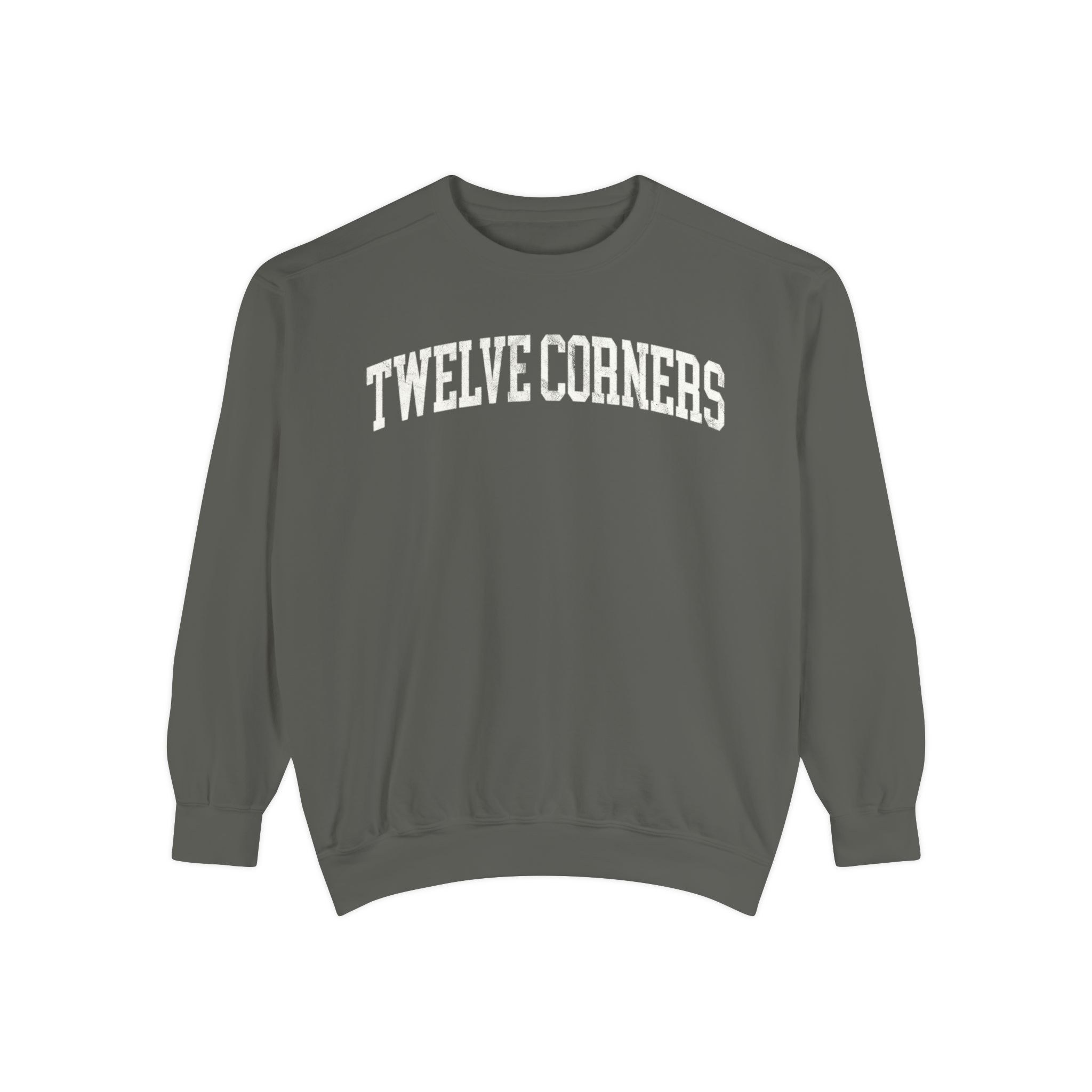Twelve Corners Garment-Dyed Crewneck in Concrete, front — TWELVE CORNERS lettering