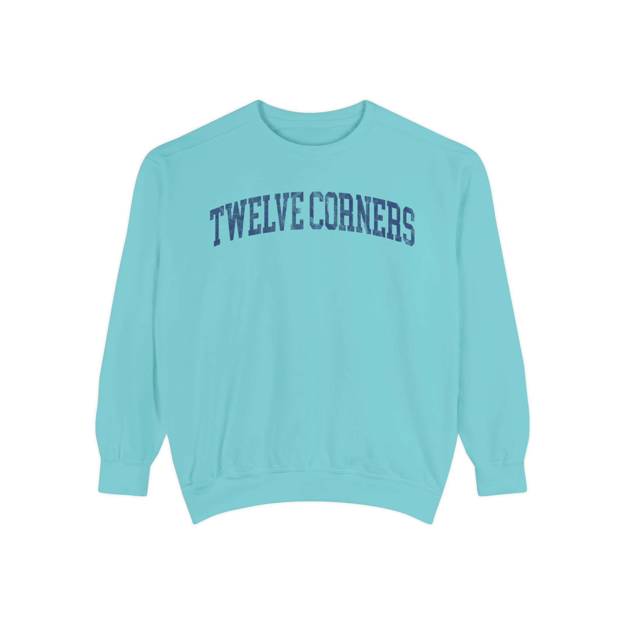 Twelve Corners Garment-Dyed Crewneck in Light Ice, front — TWELVE CORNERS lettering