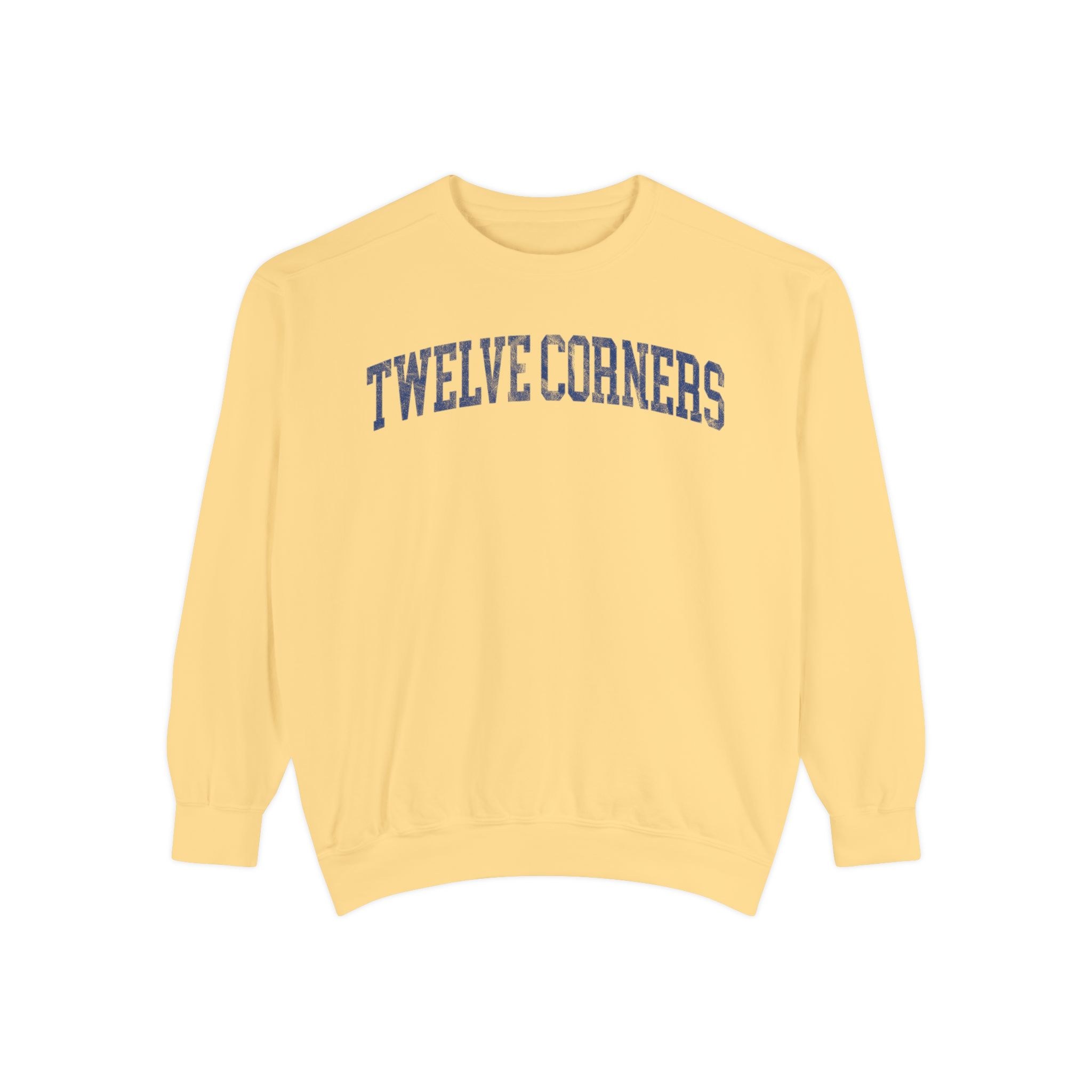 Twelve Corners Garment-Dyed Crewneck in Unsalted, front — TWELVE CORNERS lettering
